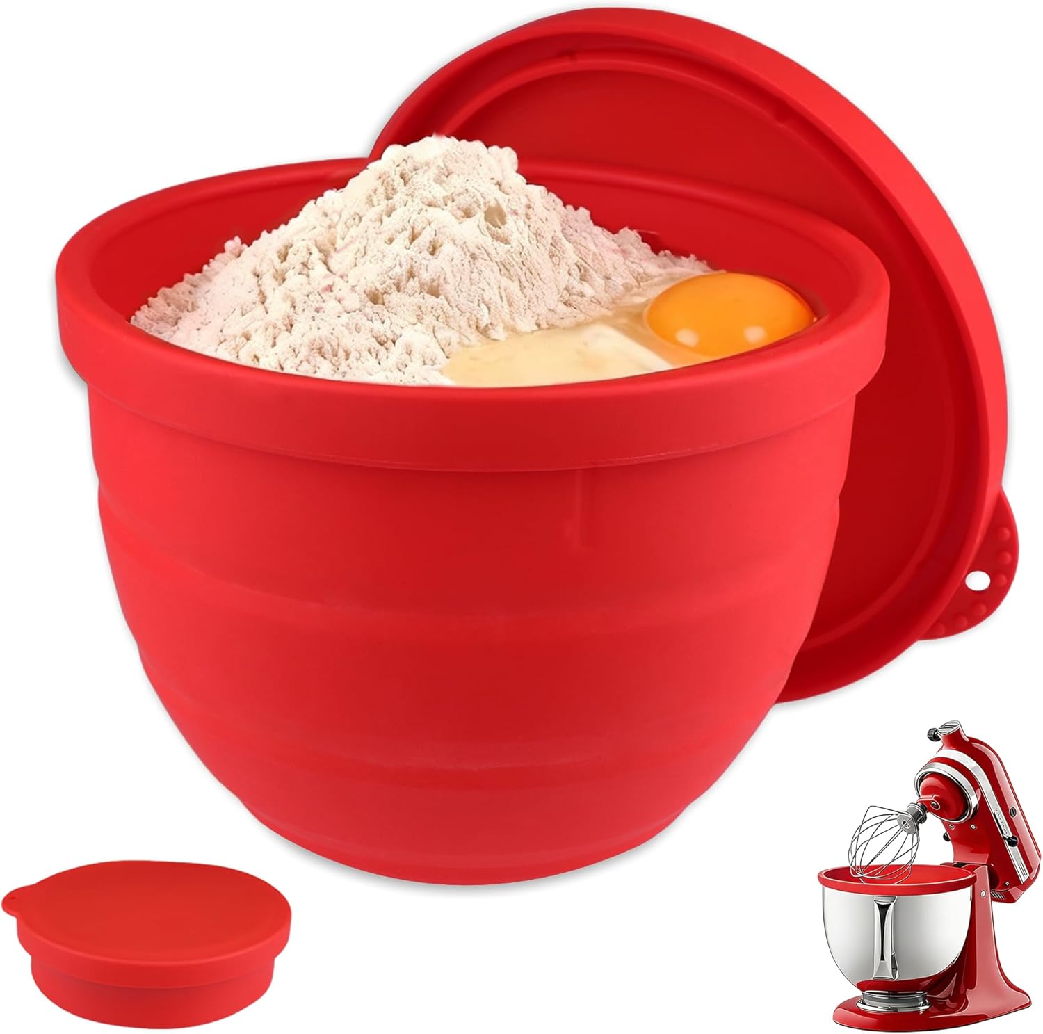 3Pcs Foldable Silicone Bowl Liners for KitchenAid Tilt-Head 5QT Mixer,Mixing Bowls Insert with Lids，Dishwasher-Safe Food-Grade for Stand Mixer Accessories and Attachments(Red,White and Black)