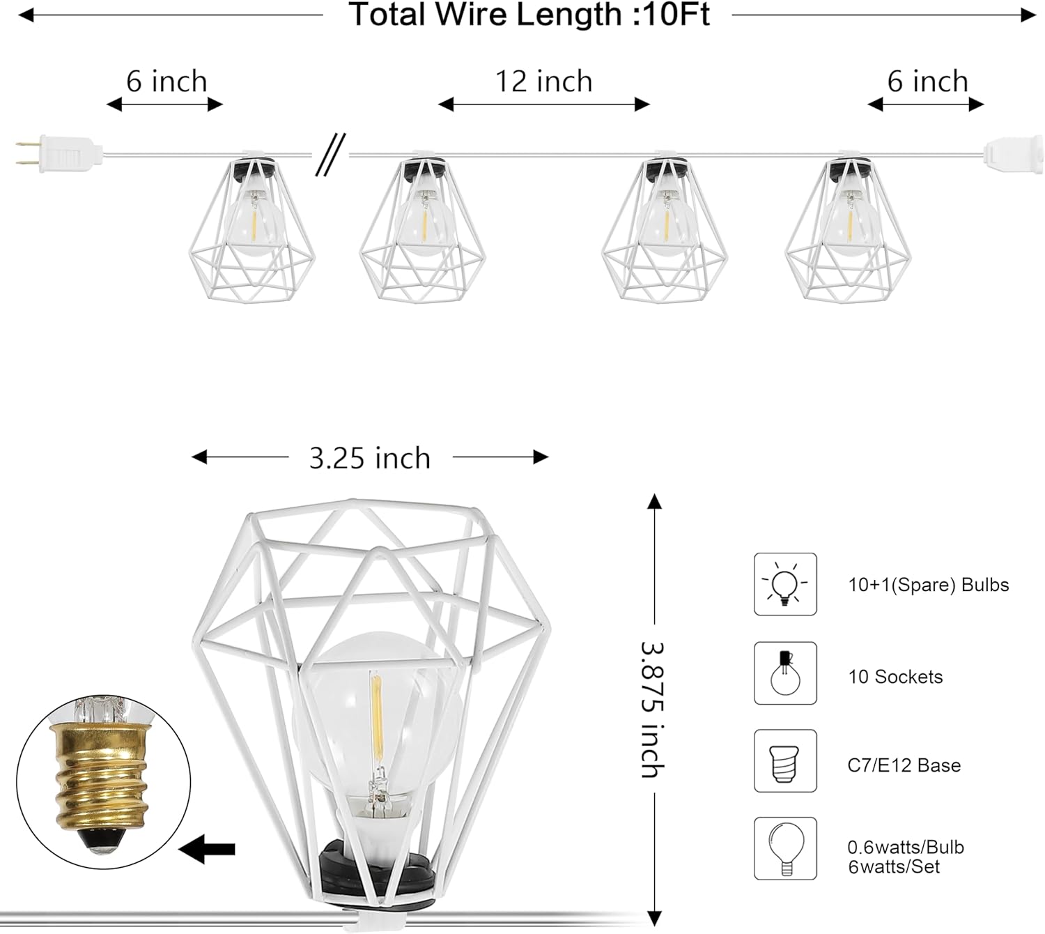 JONATHAN Y 10' White LED String Lights, 10-Light Indoor/Outdoor Set for Patio Deck, Modern Iron Diamond Cage Shade, Weather-Resistant, Connectable, UL Listed (JYL8705B)