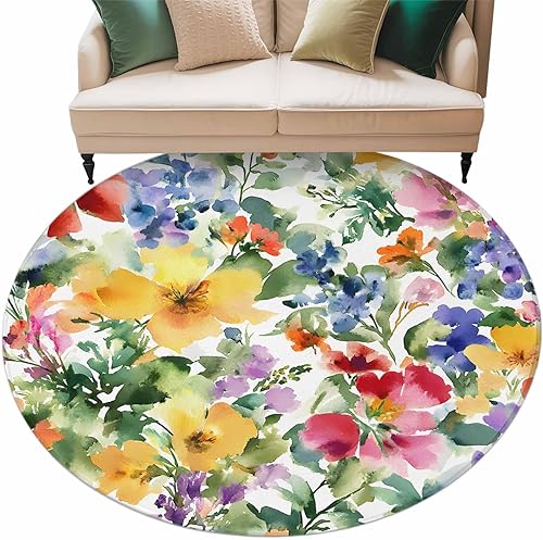 Miniatura 2 de 8ft Round Rug, Green Yellow Floral Non-Skid Rubber Backing Large Area Rugs - Living Room Bedroom Home Office, Purple Blue Watercolor Retro Leaf