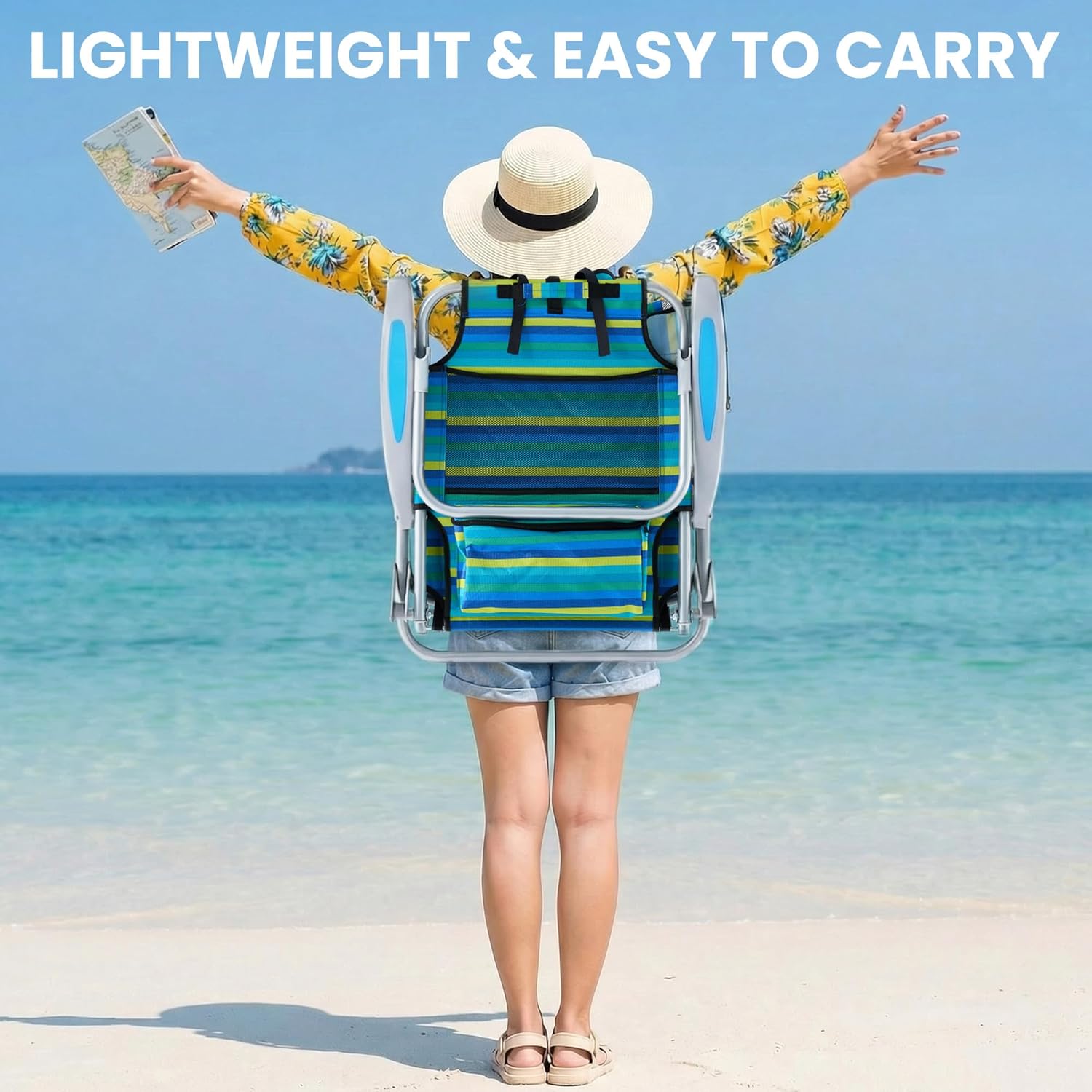 Portable Beach Chair for Adults, Outdoor Lightweight Camping Chair Lay Flat Folding Backpack Beach Reclining Chair with 5 Positions, Headrest, Zipper Pouch, Cup Holder, Striped