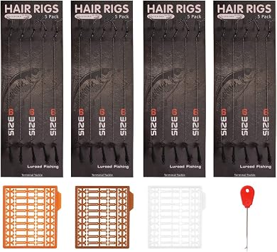 Carp Fishing Hair Rigs, 20 Pcs Curved Barbed Carp Hook Anti-Tangle Swivel Braided Thread line with 3 Card Boilie Bait Stops Dumbell Stoppers and Stringer Needle
