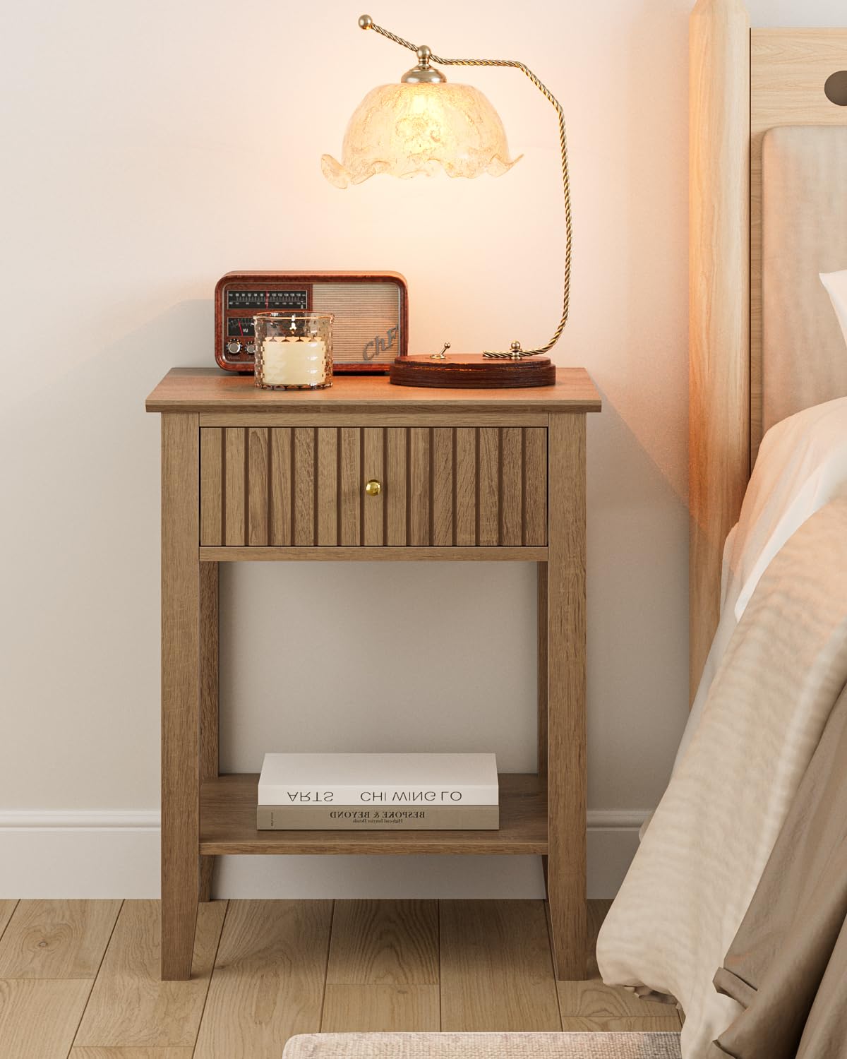 HEYZOEY Mesita de noche retro con 1 cajón, mesita de noche de madera maciza, estilo bohemio, para dormitorio, salón, nogal