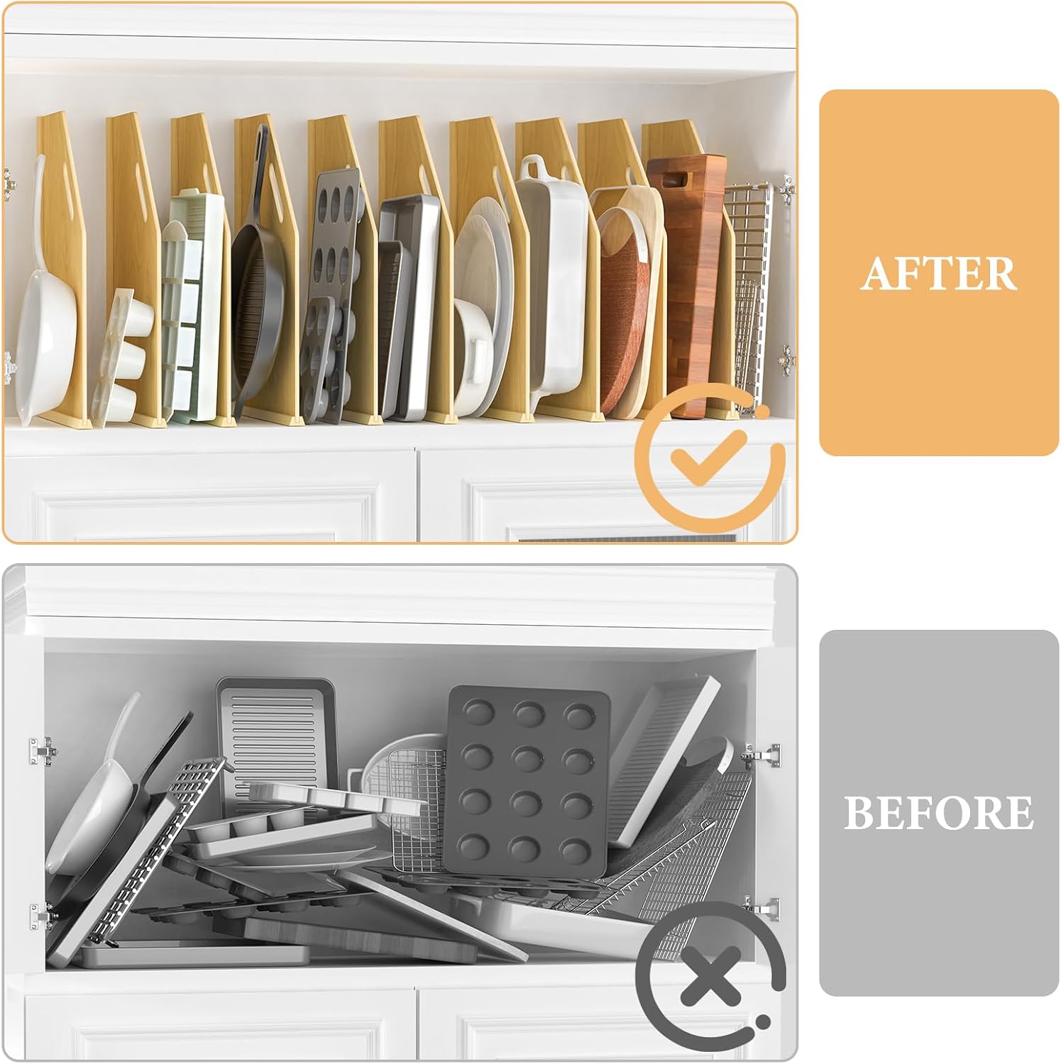 10 Pack Wood Tray Dividers for Cabinet, Cookie Sheet Organizer for Cabinets, No-Cut Kitchen Cabinet Dividers, Cookie Trays for Kitchen, Utility Rooms, Pantry Storage