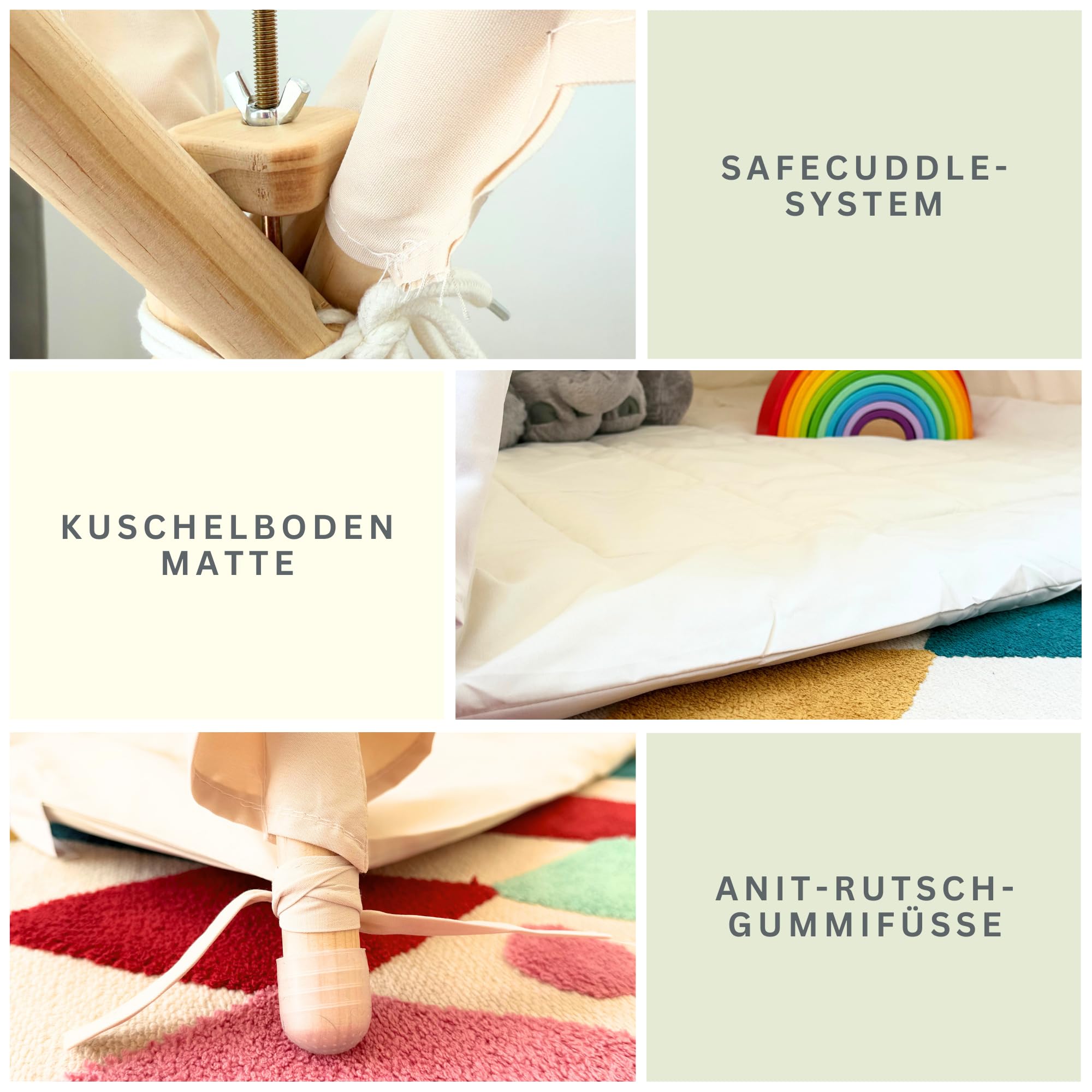 Tipi Zelt für Kinder (Sandburgen Beige) – Spielzelt aus Silky Cotton & Holz inkl. Kuschelmatte, Tragetasche & SafeCuddle Stabilisator | Tippi Kinderzelt Indoor für das Kinderzimmer