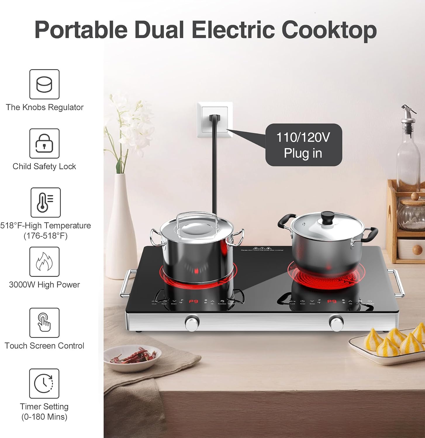 VBGK Electric Cooktop,110V 3000W Electric Stove Top with Knob Control,9 Power Levels, Kids Lock & Timer,LED touch control,Overheat Protection Electric stove,24 Inch desktop 2 burner image 4