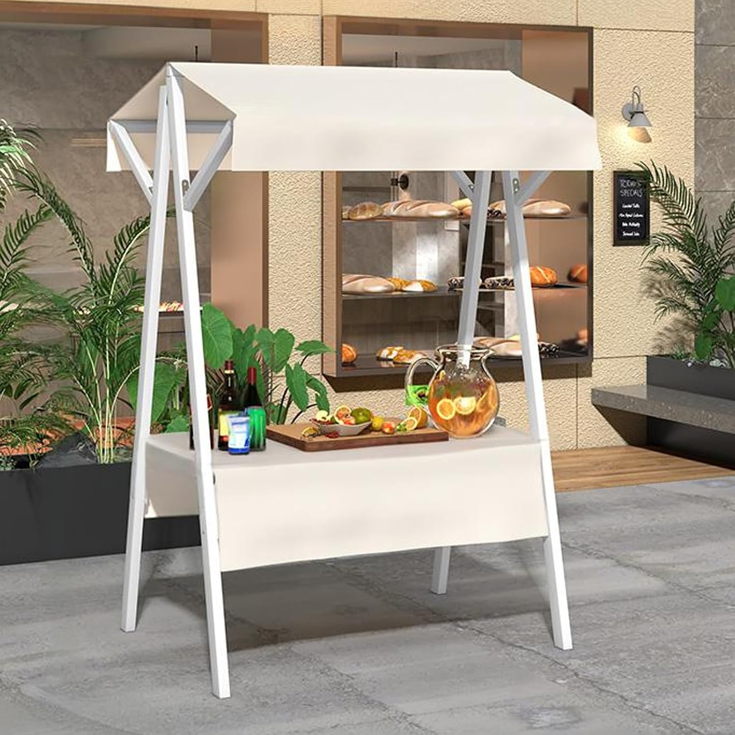 Creative Iron Market Stall Cart with Sunshade Canopy - Portable Rolling Street Food Vending Stall for Parties, Weddings, Birthdays, Bar Events (White, 150cm/59in)