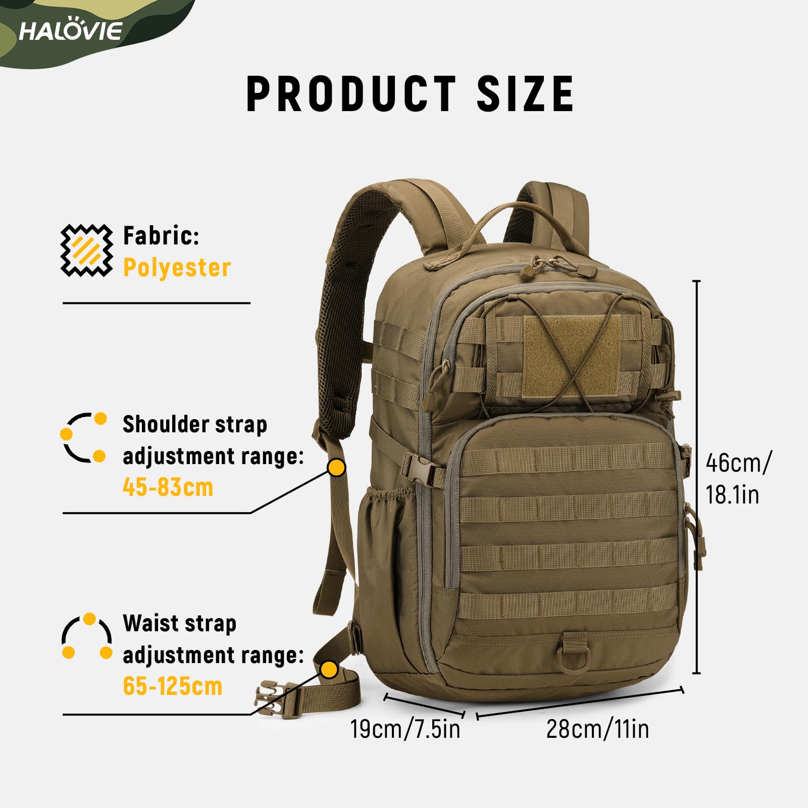 HALOVIE Sac à dos Tactique Militaire 30L, Ultraléger Sac à dos de Randonnée Sac Crossfit pour Voyages Excursion Camping Pêche