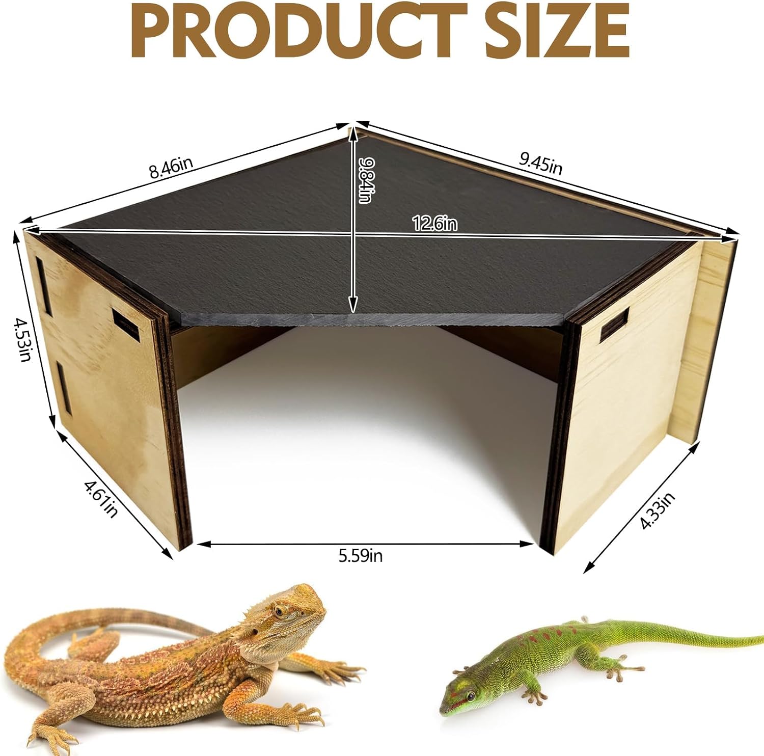 PINVNBY Large Bearded Dragon Basking Platform Wooden Snake Hide Ball Pythons Hide with Slate Rock Leopard Gecko Tank Accessories for Crested Gecko Chameleon(Triangle: 12.6 x 9.84 x 4.53 inches)