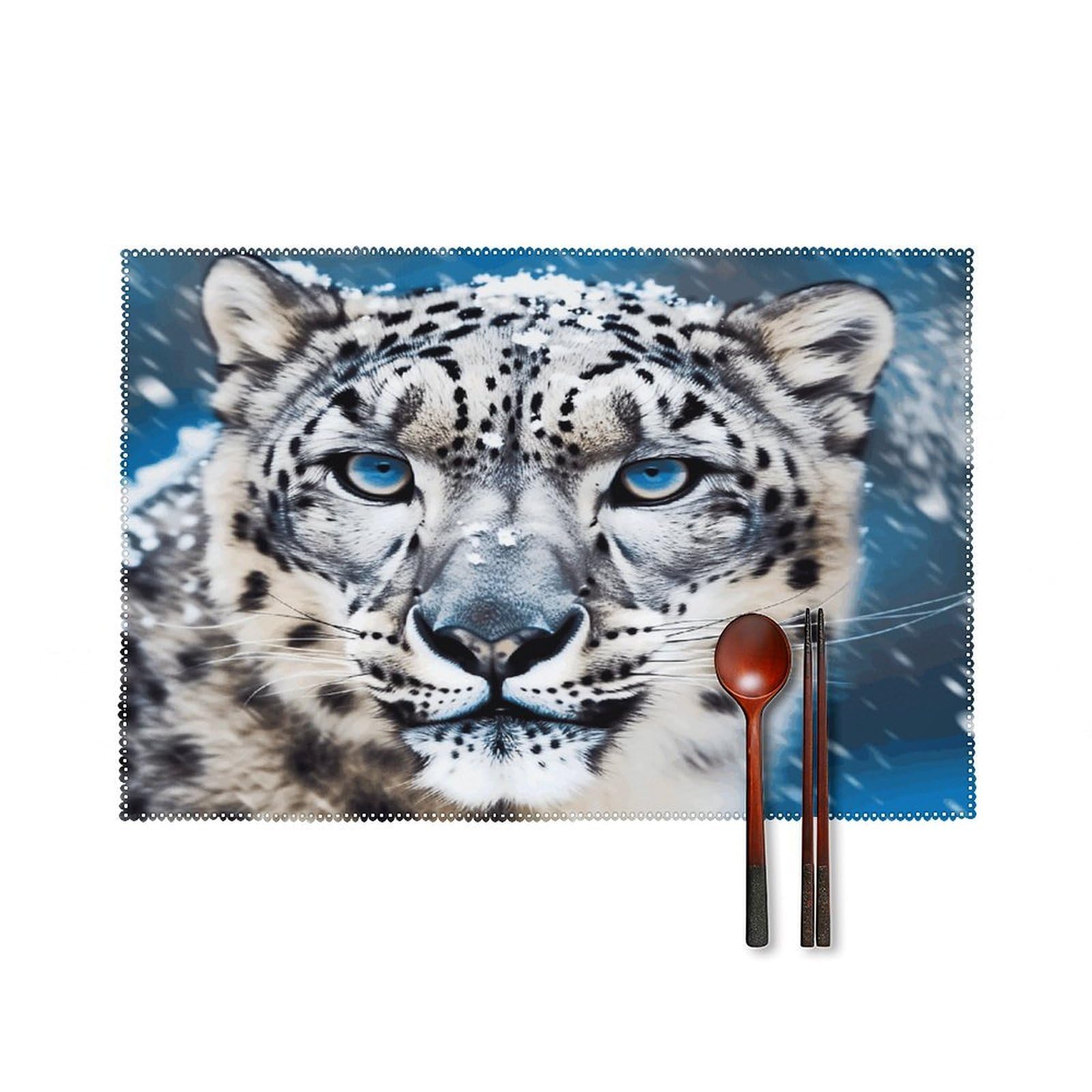 Blue Eyed Snow Leopard2 Placemats Set of 4 Canvas Washable Cloth Place Mats Wipeable Heat Resistant Table Mats Elegant Cloth Placemat for Kitchen Dinning Party Table Decor 12" X 18"