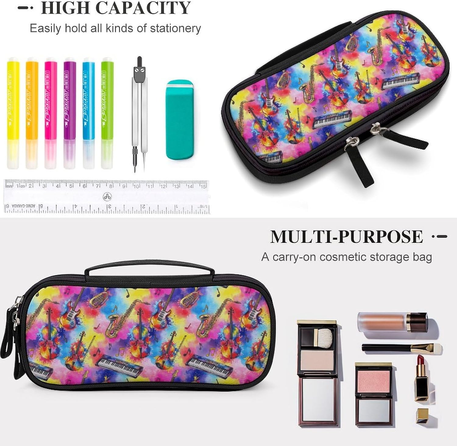 Makeup Bag for Woman And Man Colorful Musical Instruments PU Leather Handle Pouch Case with Zipper for Work image 3