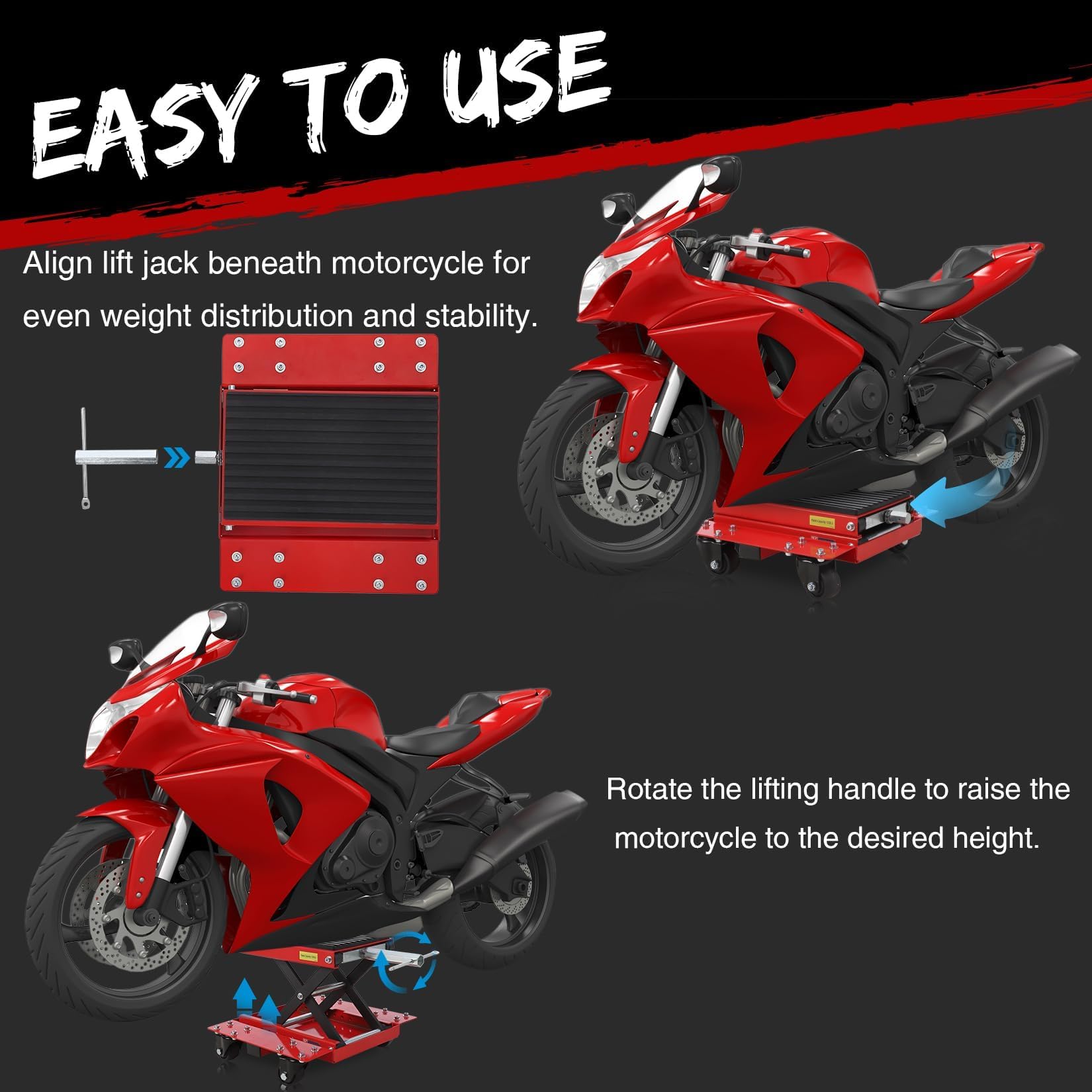Cric de Levage Moto Robuste 544 kg – Plateforme en Caoutchouc Anti-Dérapante – Chariot Ciseaux à roulettes & Broche de Sécurité – Idéal pour Réparations