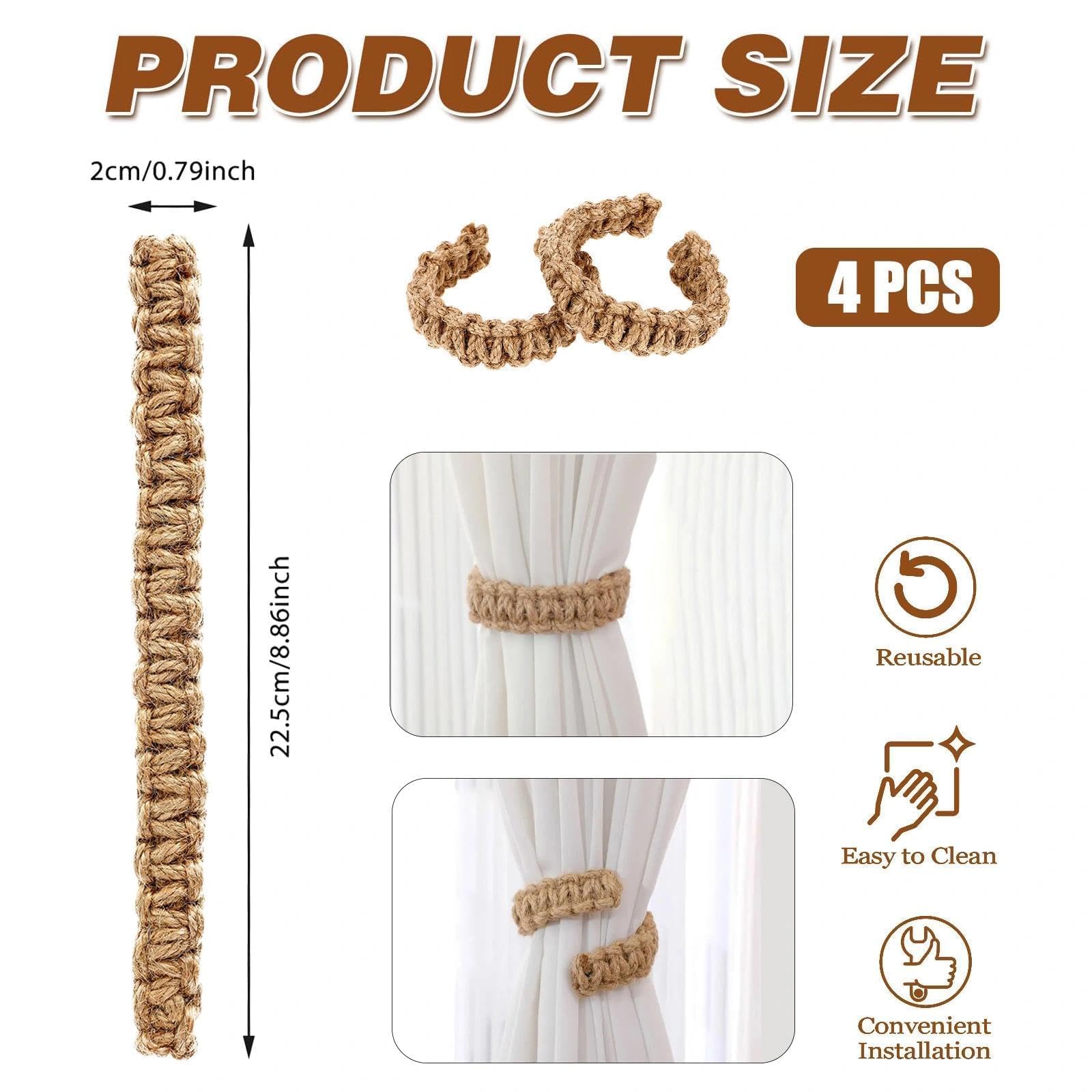 Lot de 4 Crochets de Rideaux tressés bohèmes, Articles de Maison élégants et compacts, Accessoires de Rideaux rustiques élégants, Accessoires décoratifs Faits à la Main pour Maison/Chambre à Coucher