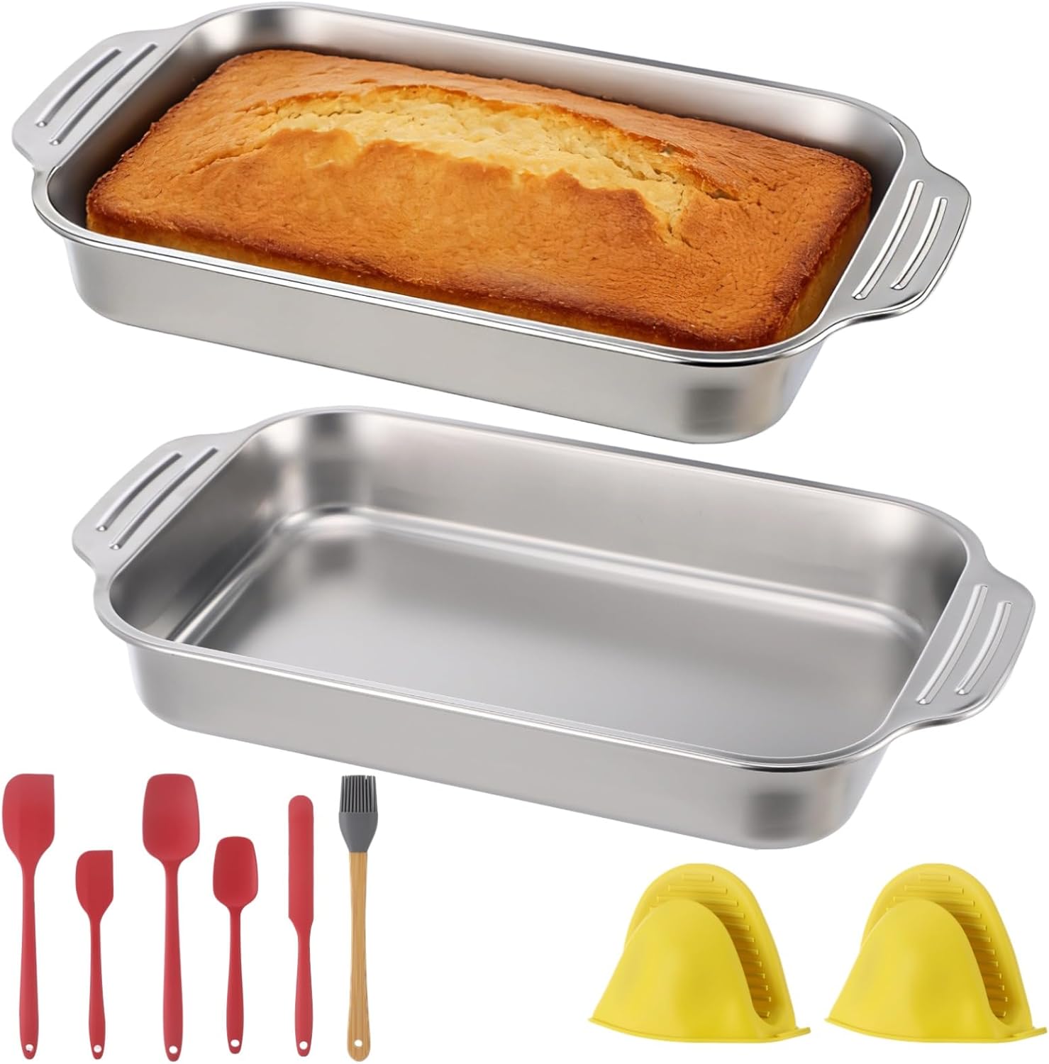 ZALIR 2PCS Stainless Steel Baking Pans, 9x13 Rectangular Cake Baking Pan with 5 Silicone Spatula Set, 2 Oven Mitts & 1 Oil Brush, Double Handle Baking Pan for Breads, Meat