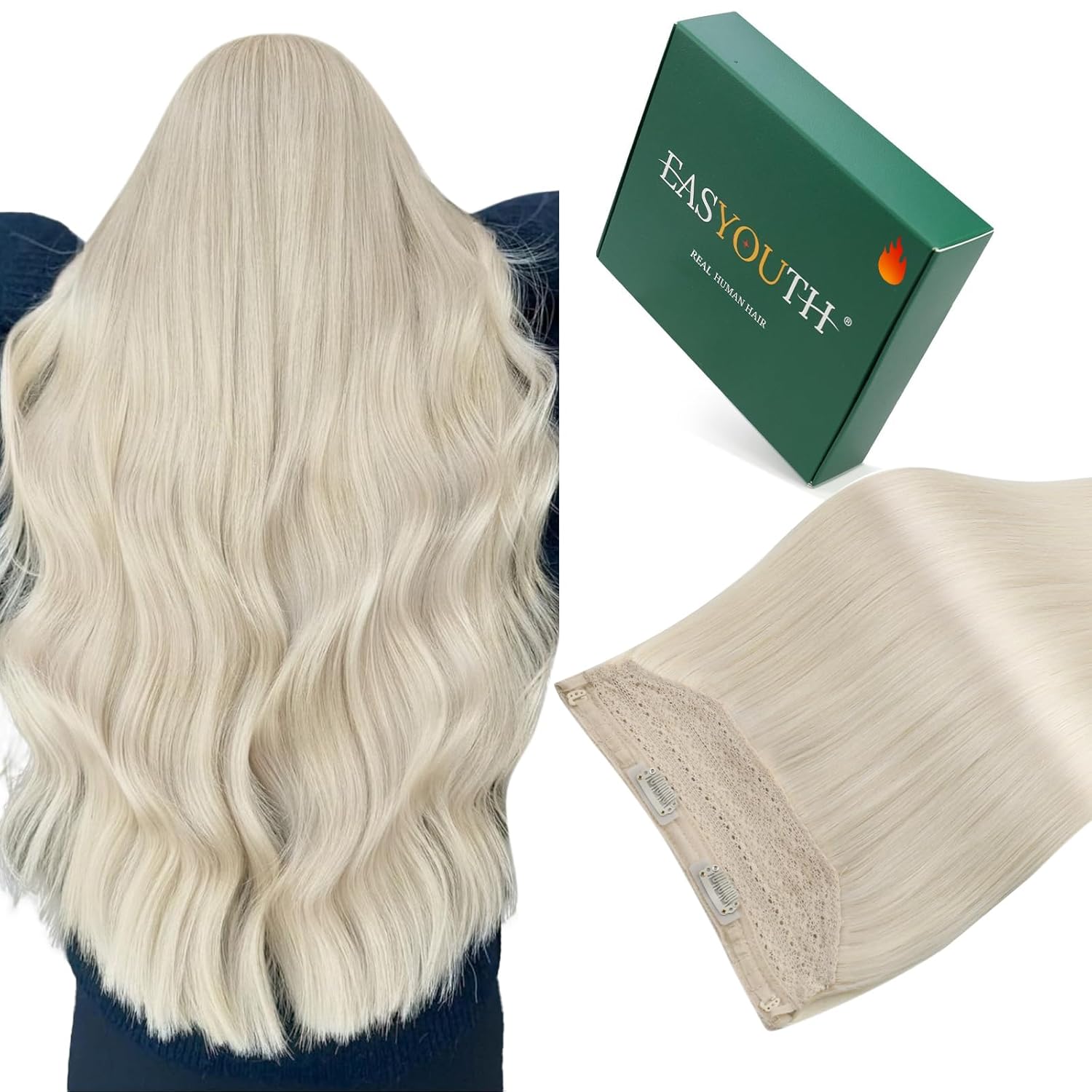 Easyouth Wire Hair Extensions Blonde Invisible Wire Hair Extensions Real Human Hair White Blonde 18 Inch 80g Transparent Fish Line Hair Extension Human Hair Easy to Install 1-Wire-b #1000 18 Inch (1 Pack)