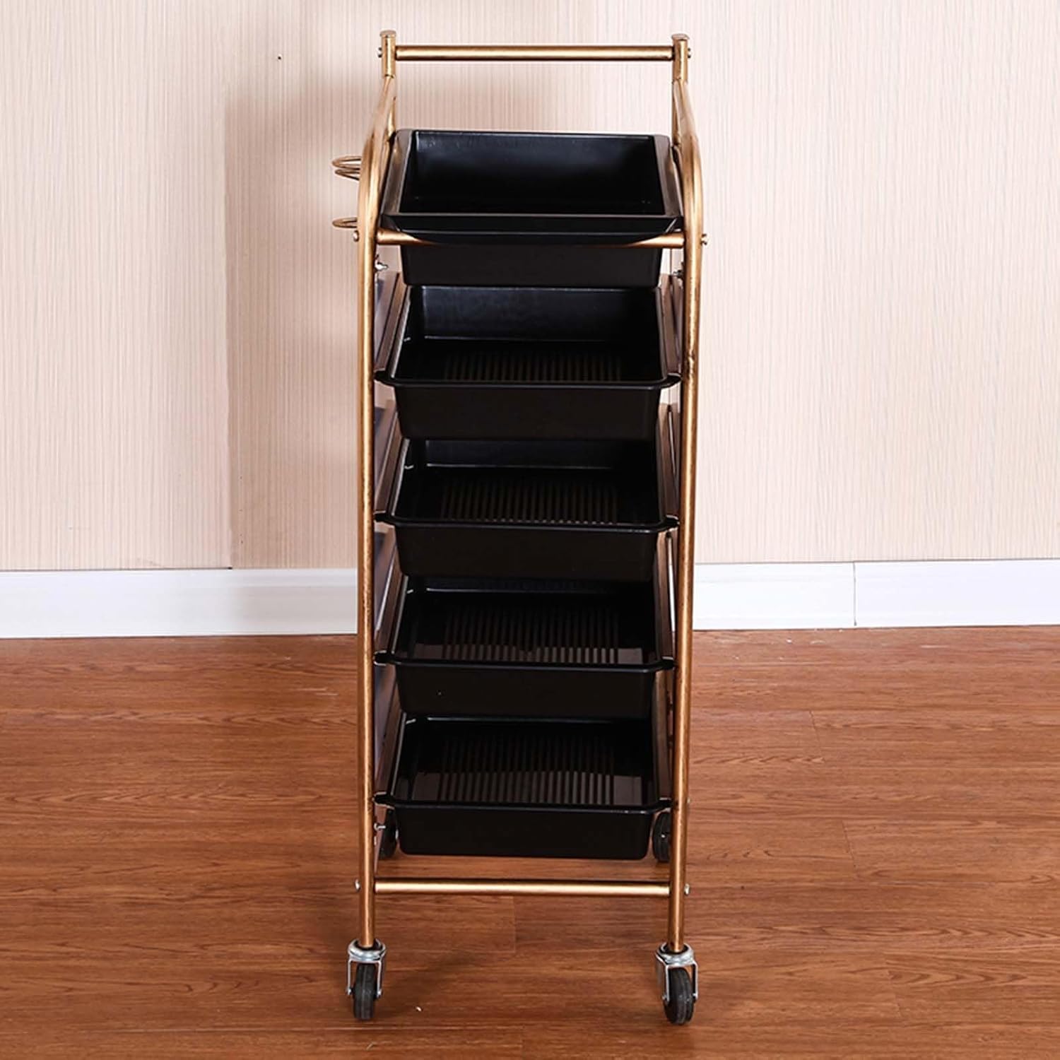 Round Tube Black Frame Salon Trolleys 5 Tier Storage Storage Cart with Hair Dryer Holder Rolling Carts with Universal Wheels ABS Material(Black)
