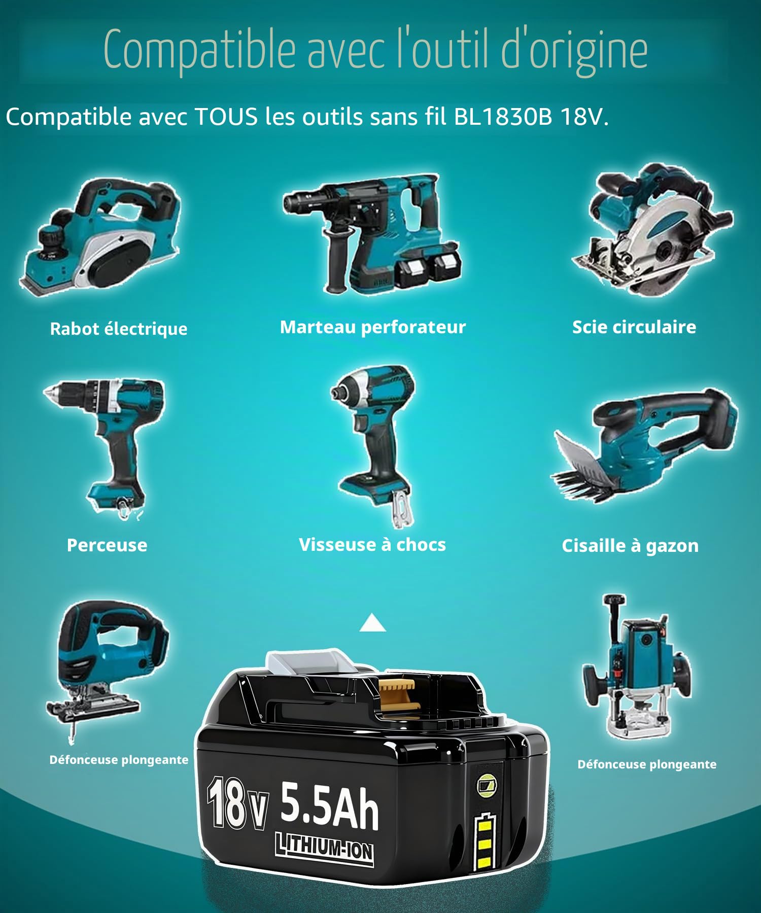 2X 18V 5.5h Batteries de Rechange pour BL1860B BL1850B BL1840 BL1845 BL1850 BL1830 BL1835 BL1845 BL1890 BL1415 BL1430 BL1440 BL1835 194205-3 LXT-400 avec Batterie LED Outil LED