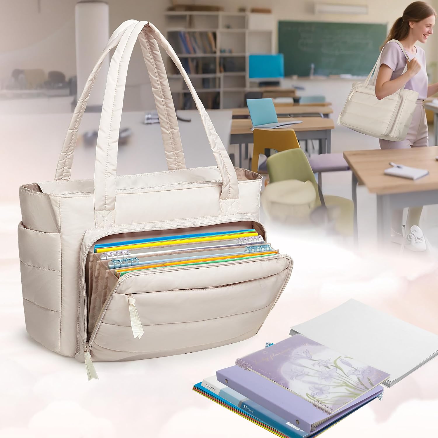 Yarwo Tote Bag for Women, Lightweight Puffy Tote Bag with Accordion File Organizer Pocket and Cup Holder for Travel Work Gym