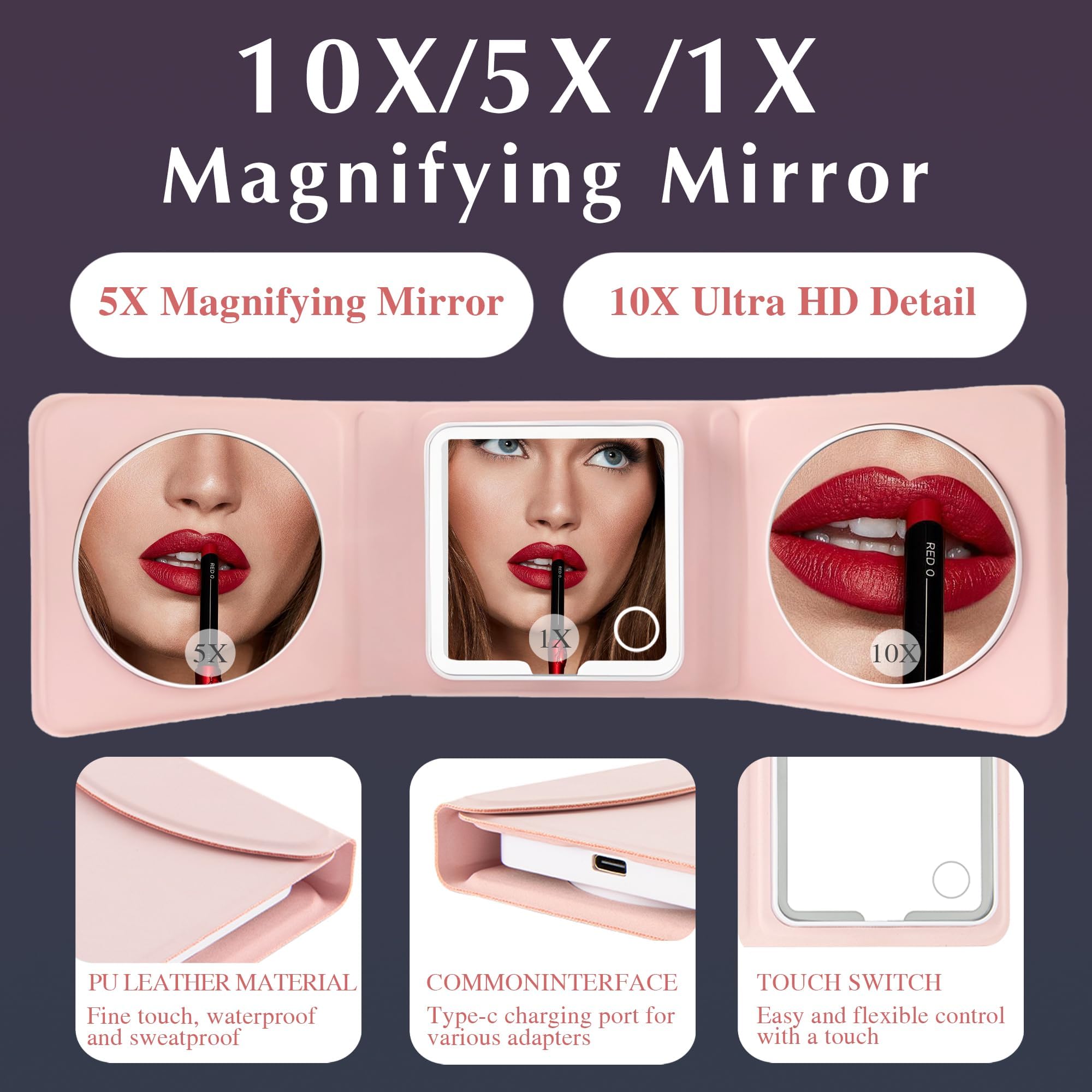 Amysmart Pink PU Leder LED Reise Make-up Spiegel - 1X/5X/10X Vergrößerung, dreifach gefalteter Taschenspiegel, kompakt beleuchteter Handspiegel für Geldbörse & Reisen, kleiner beleuchteter Spiegel für
