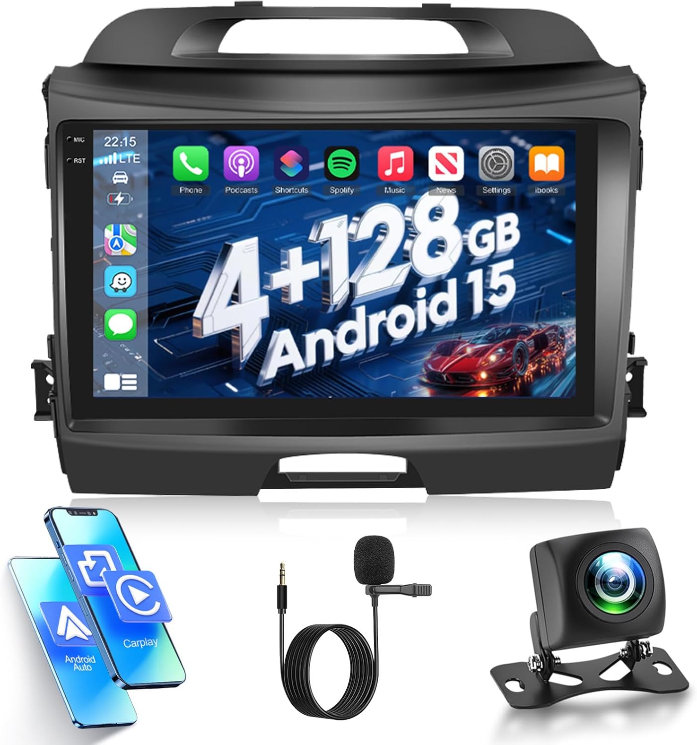 4G+128G Car Stereo for KIA Sportage 2010-2016 with Wireless Carplay & Android Auto - 9 Inch Android 15 Touchscreen Radio with EQ/5G WiFi/GPS/SWC, AHD Rear View Camera