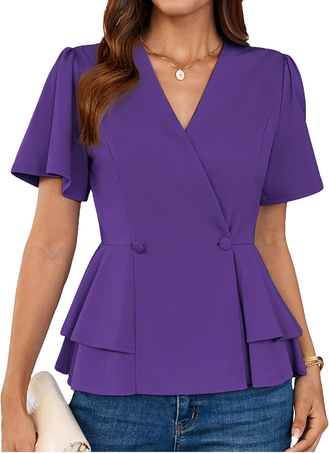 GRACE KARIN Blouses for Women V Neck Elegant Summer Tunic Tops Ruffle Short Sleeve Casual T Shirts Business Office Wrap Blouse