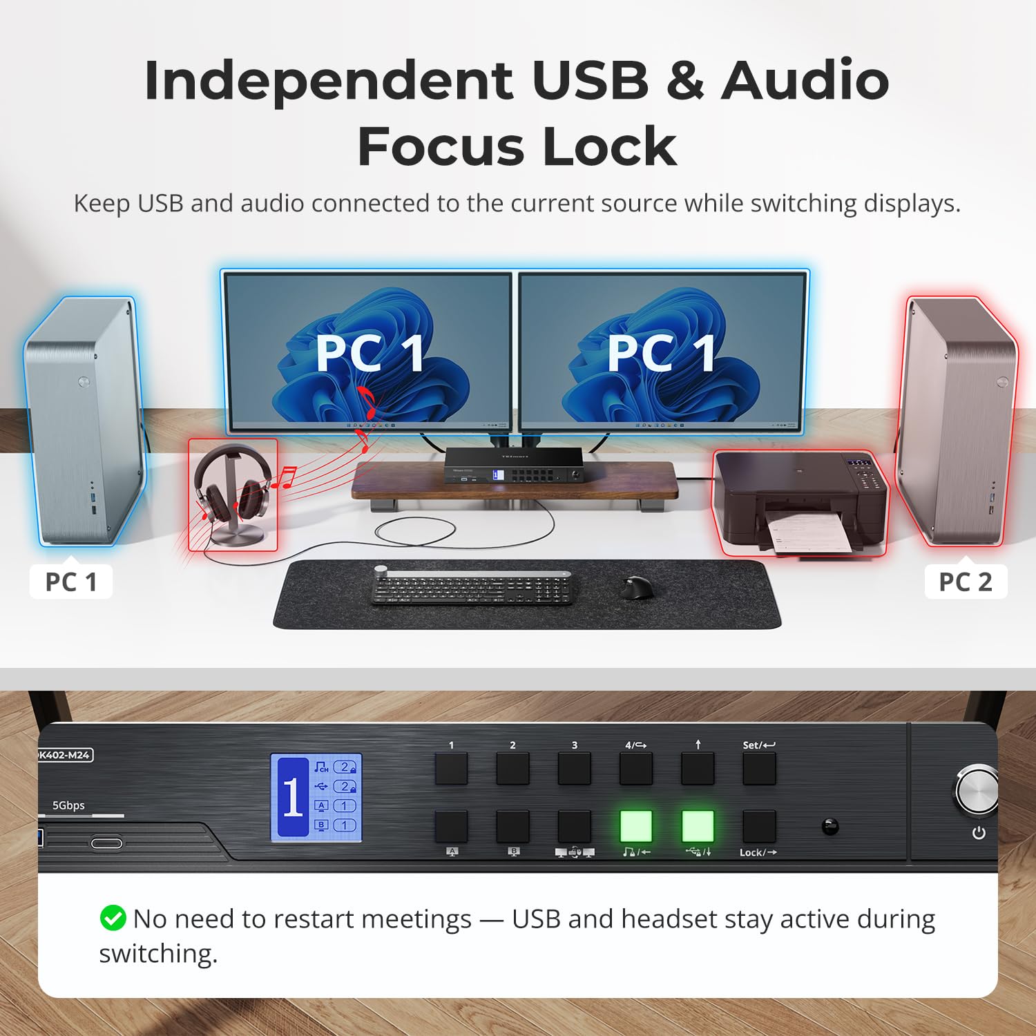 TESmart 8K@60Hz DisplayPort HDMI KVM Switch 2 Moniteurs 4 PC,4K@144Hz Commutateur KVM Dual Monitor USB3.0, Émulation EDID, Réseau Gigabit, Commutation Hotkey, VRR, Câble d'entrée inclus