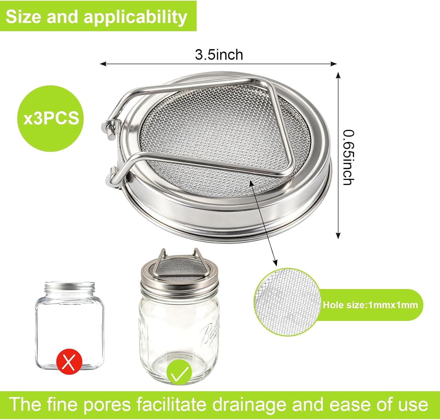 3 Pcs Sprouting Lids for Wide Mouth Mason Jars One-Piece Seed Sprouting Jar Lids Kit with Stand for Growing Broccoli Bean Alfalfa Seeds Fits 3.38" Wide Mouth Jars Health Enthusiasts Vegan Diets
