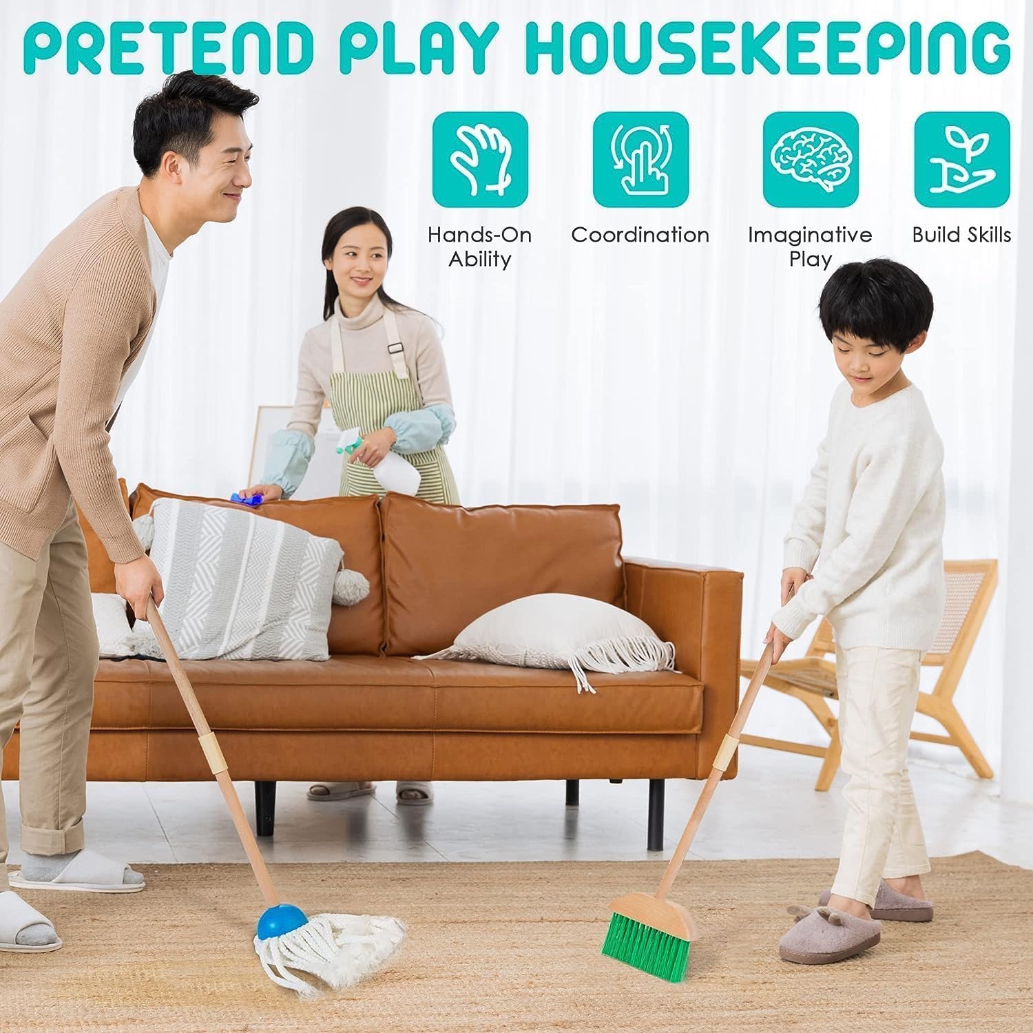 TOYARTSY Wooden Kids Cleaning Tools Set – Complete Household Mop, Broom, Sponge, Rag, Brush, Dustpan & Duster with Organizer – Pretend Play Role Play Cleaning Set for Ages 3-6 – Fun & Educational 4