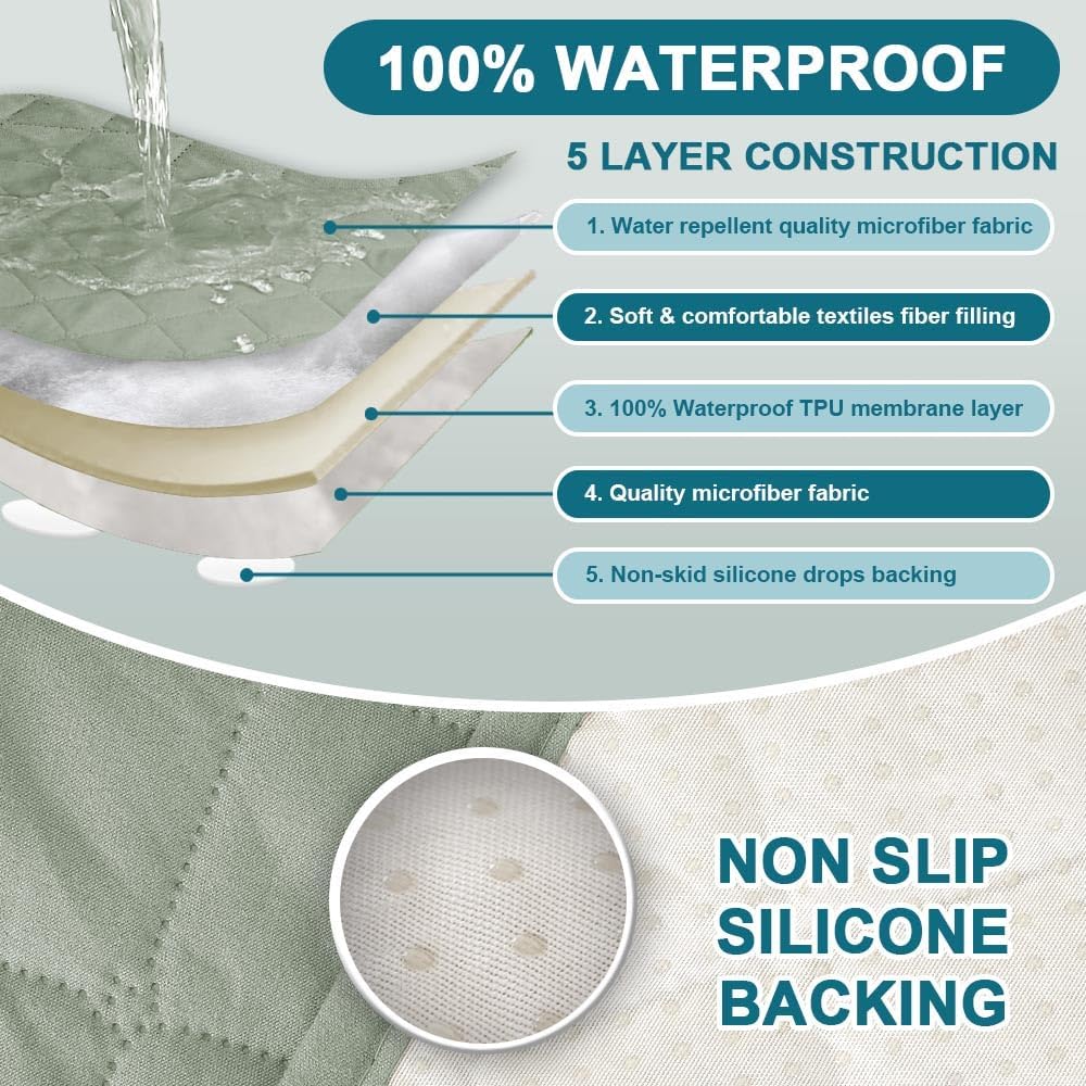 Turquoize 2 Pack Waterproof Armrest Covers for Chairs and Sofas - Couch Arm Covers with Side Pocket Anti-Slip Furniture Protector Washable Slipcovers Set of 2, Sage