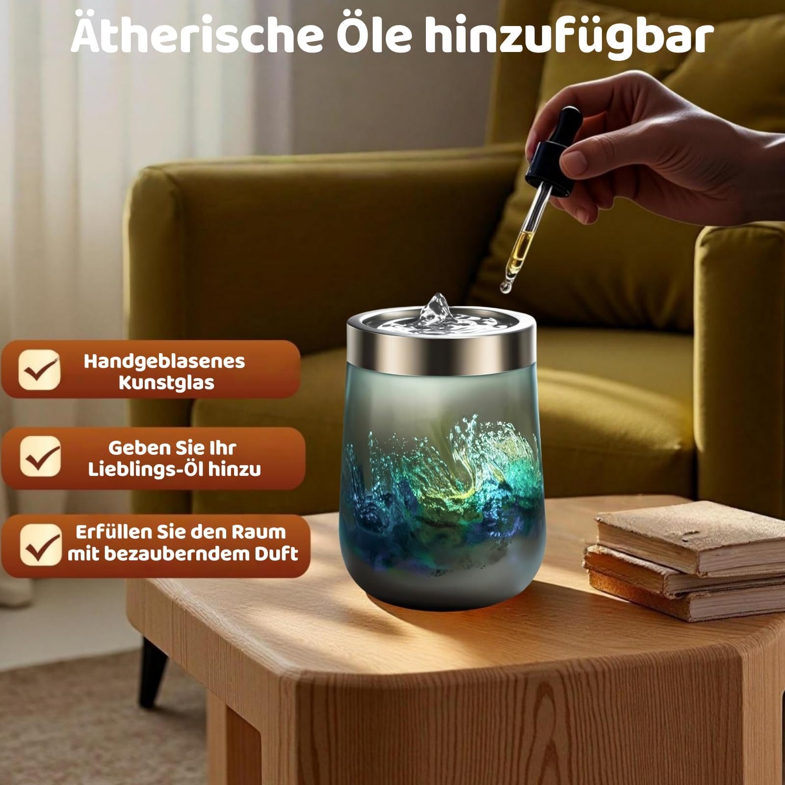 VOREEN Zimmerbrunnen Grau aus Mundgeblasenem Glas – Tischbrunnen mit LED-Licht – Ruhiger Glas-Deko-Brunnen für Wohnzimmer Schlafzimmer Büro H 15cm
