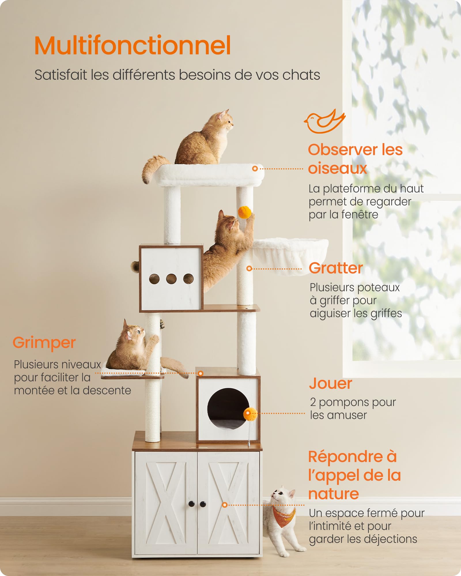 Feandrea Arbre à Chat Moderne avec Cache-litière, Tour de Jeu, Griffoir avec Maison de Toilette, 180 cm, Niche, Plateforme, Tapis Lavables, Marron Miel et Blanc Rustique PCT116K03