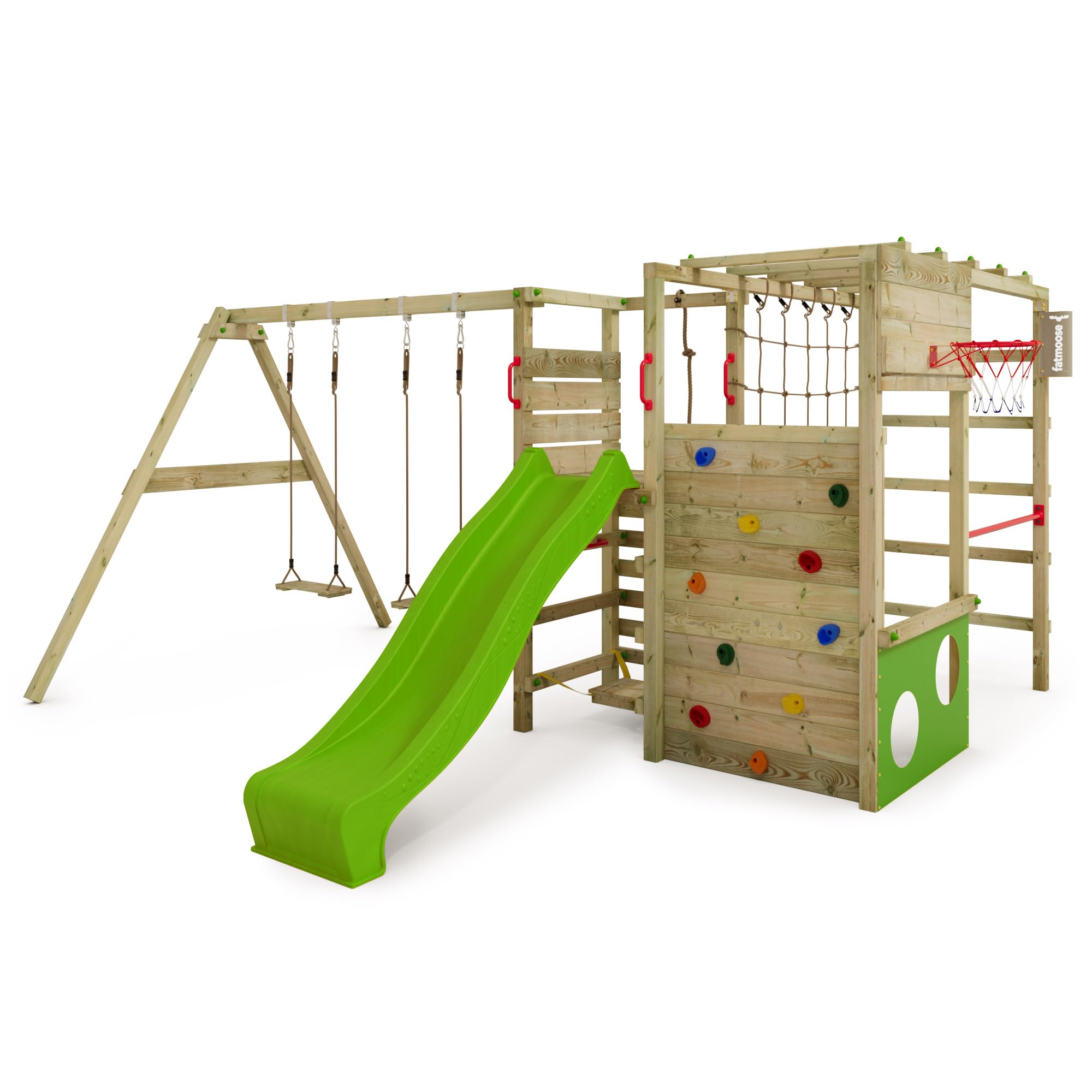 FATMOOSE Spielturm Klettergerüst ActionArena Air mit Schaukel & apfelgrüner Rutsche, Outdoor Kinder Kletterturm mit Leiter, Basketballkorb & Spiel-Zubehör für den Garten