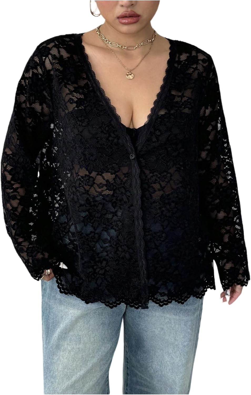 WDIRARA Women's Plus Size Floral Lace Tops Mesh Sheer Button Down Shirts Long Sleeve Deep V Neck Blouse
