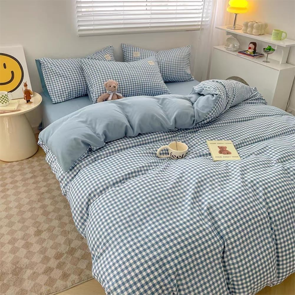 Housse de couette 90x190 bleu à carreaux avec ses deux taies d'oreillers en microfibre