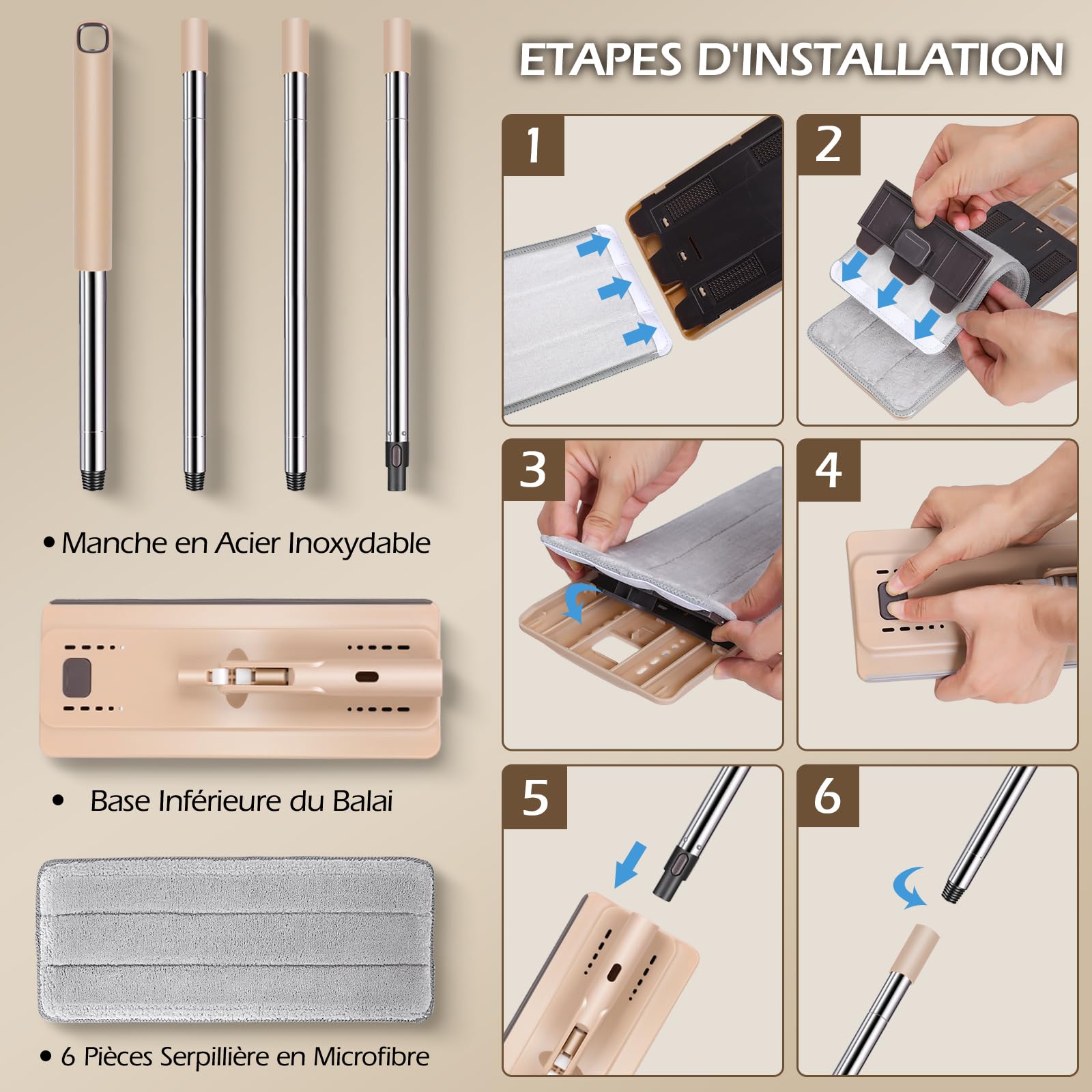 MASTERTOP Balai Serpillière et Seau Essoreur, Balai Microfibre Rotatif 360° et Seau à 2 Compartiments, Serpillière de Mains Libre pour Nettoyage de Sol, avec 6 Tampons Réutilisables (Beige)