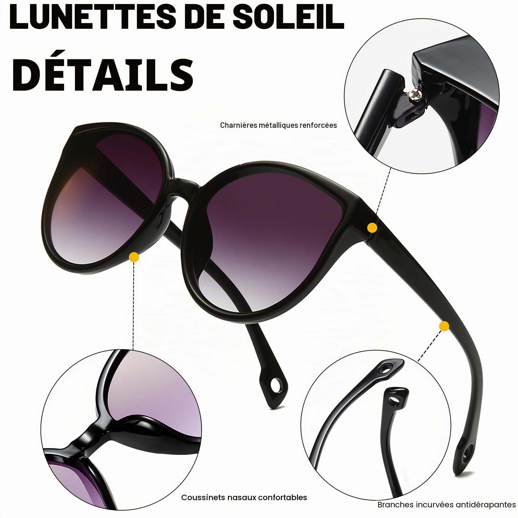 Long Keeper Grande Lunettes de Soleil Femme Oeil de Chat Vintage Lunettes de Soleil Ronde Cat Eyes Surdimensionnées Mode Lunette Femme Oversize UV400