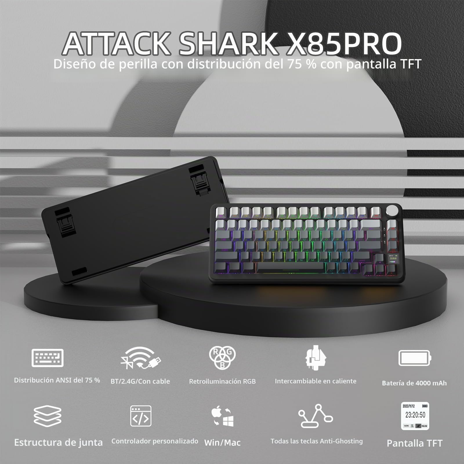 ATTACK SHARK X85PRO Teclado mecánico inalámbrico con Pantalla TFT y Perilla, Teclado para Juegos montado en Junta 75% QMK, 2.4G/BT/USB-C, Intercambiable en Caliente, 4000mAh, RGB (Notte di Luna)
