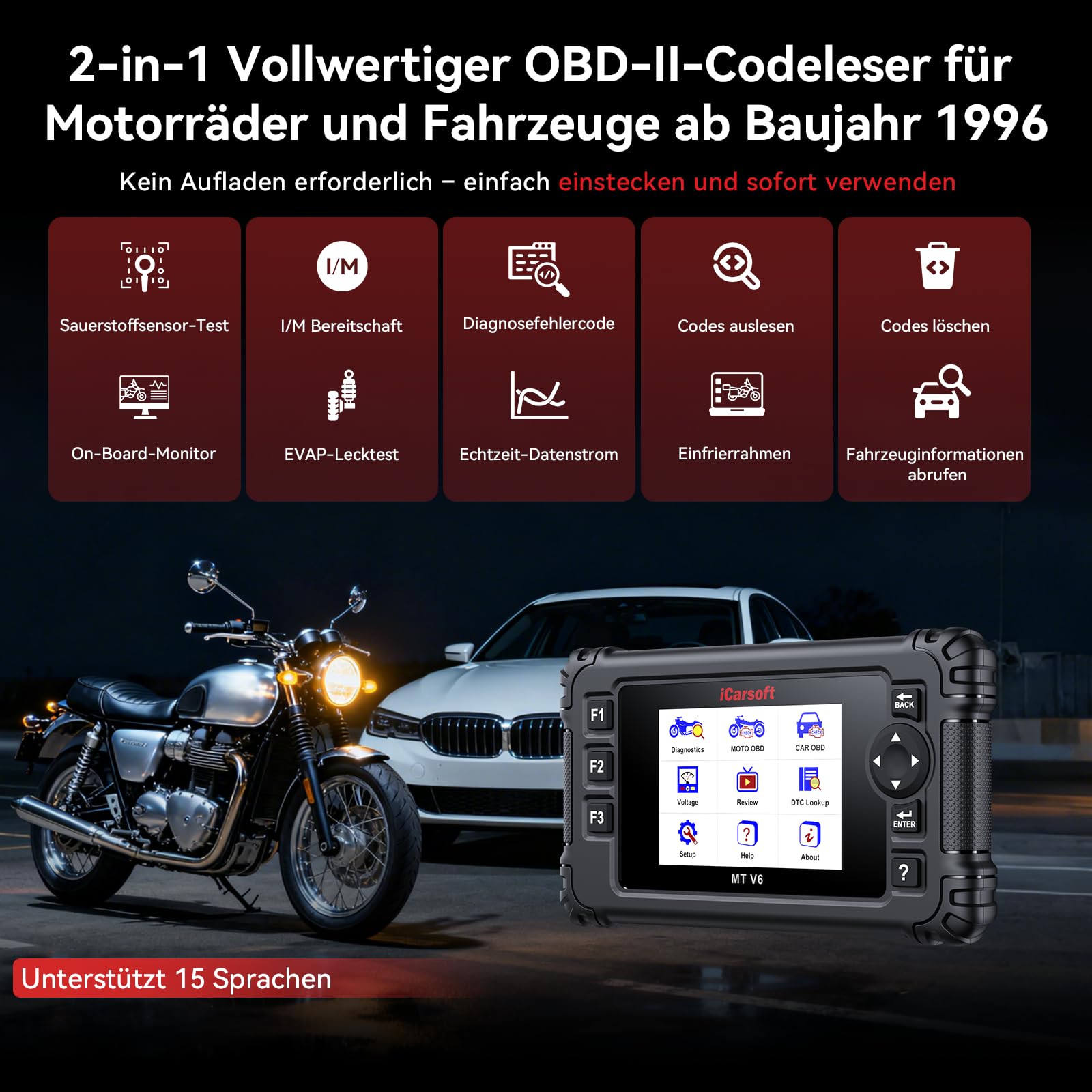 iCarsoft MT V6 Motorrad Diagnosegerät für Triumph, OBD2 Diagnosewerkzeuge für Motorräder mit Komplettsystem Auslesegerät 53 Service 55 Bidirektionaler Test AutoVIN Batterietest Lebenslange Updates