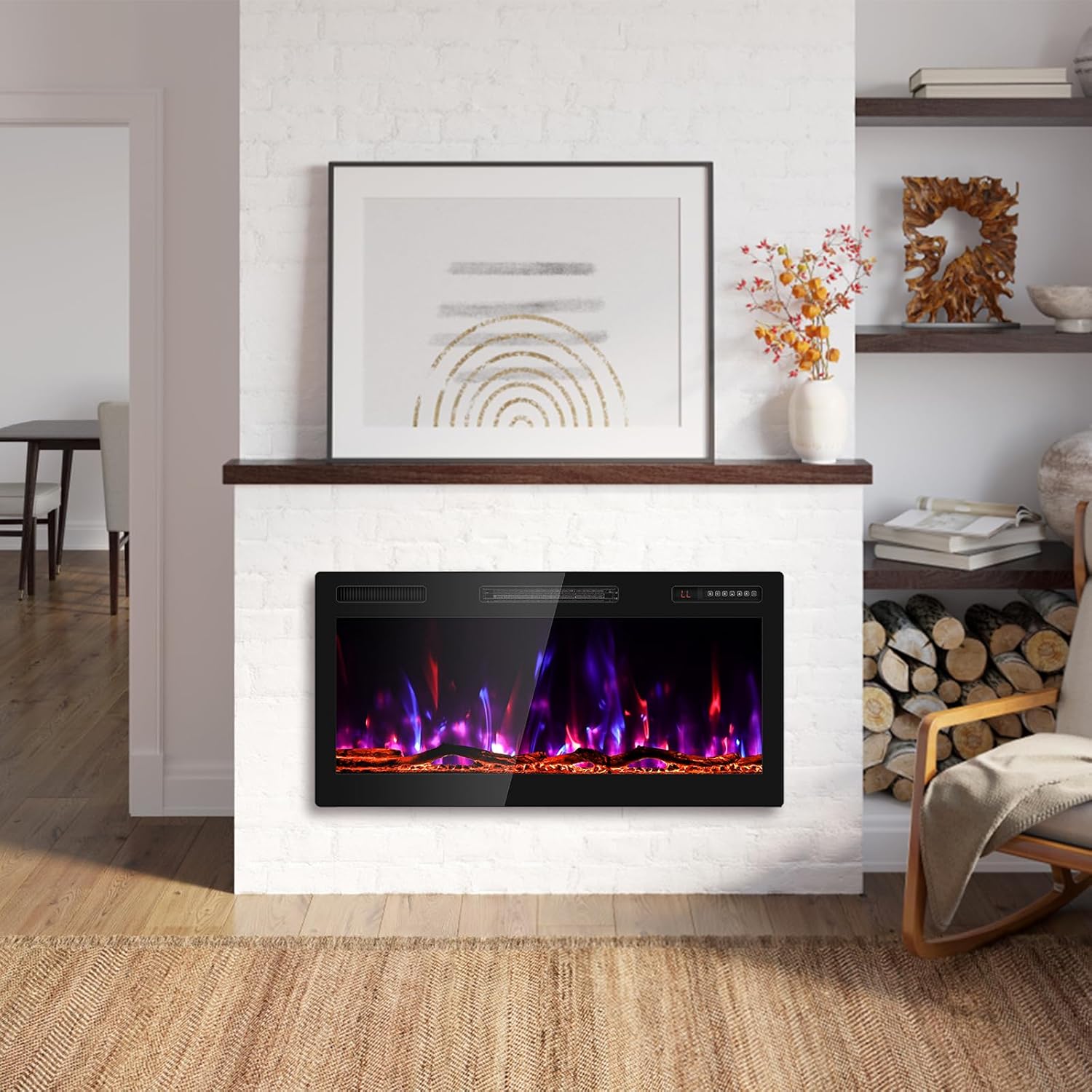 BREEZEHEAT 36 Inch Electric Fireplace Recessed and Wall Mounted, Ultra Slim Linear Fireplace Heater 750/1500W w/Log, HD Realistic Flame, Lower Noise, 8H Timer