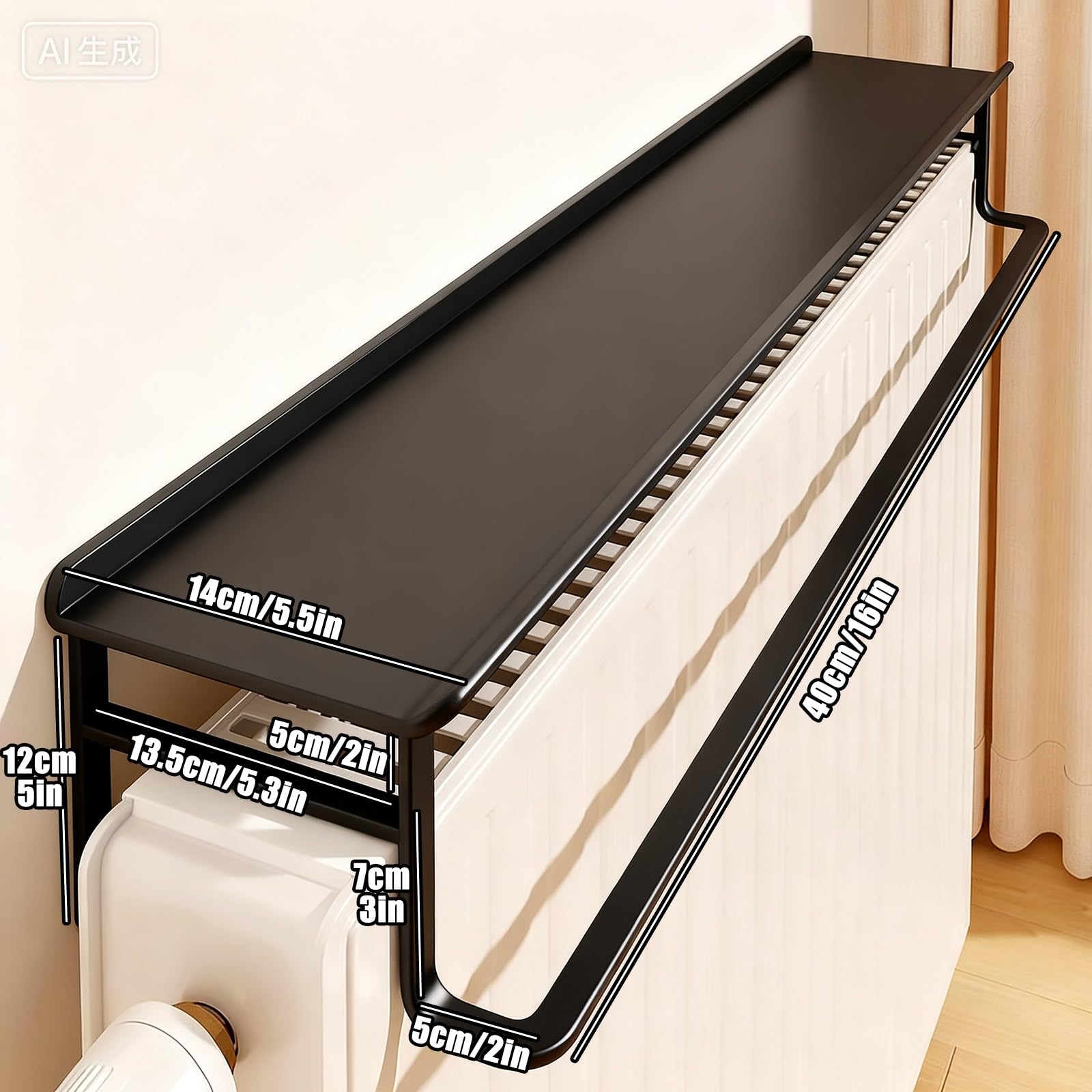 Estante Flotante metálico para radiador con Soporte para toallero, no Requiere taladrar, Estante de 14 cm con Soportes para oficinas en casa.