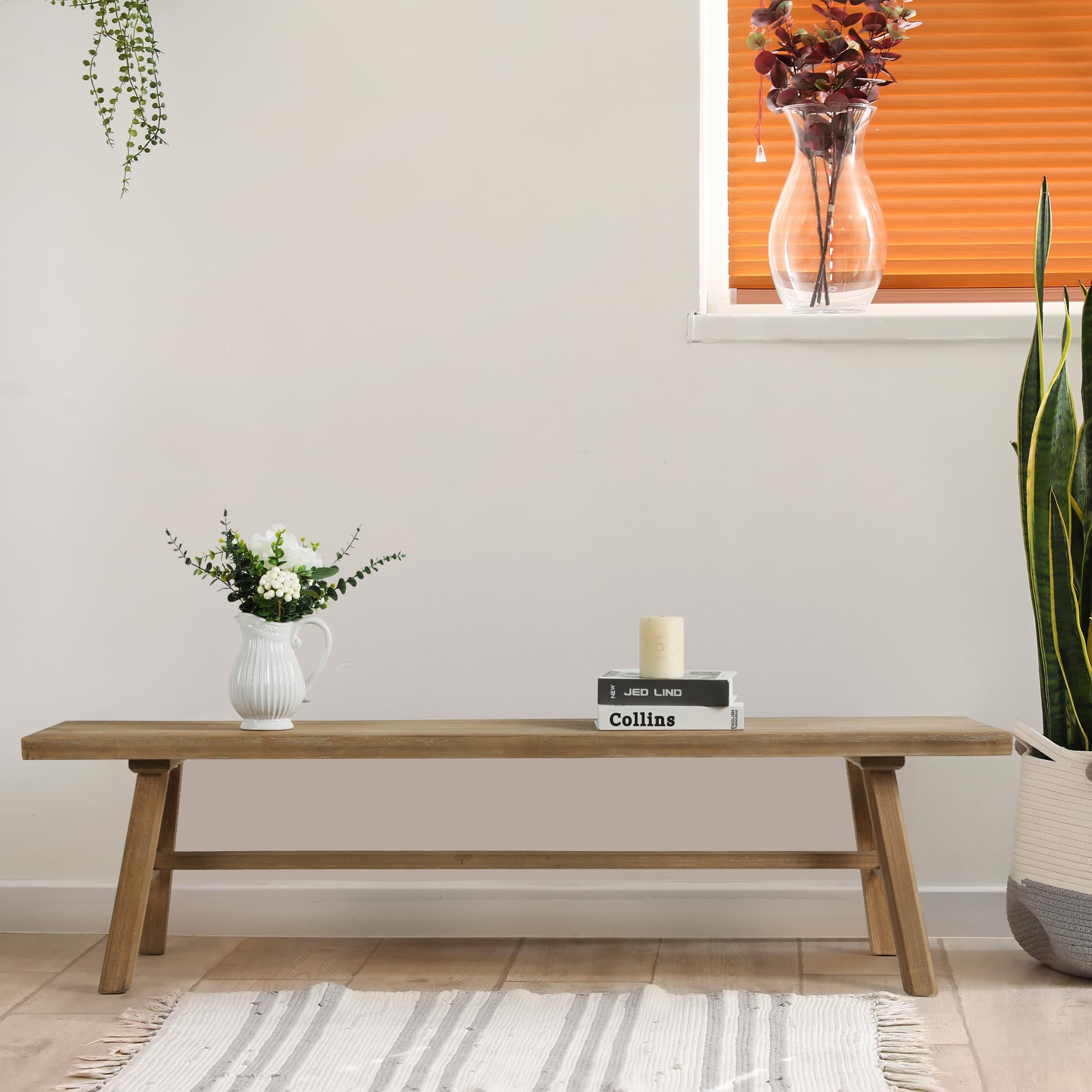 Wnutrees 63" Farmhouse Solid Wood Bench, Rustic Dining Entryway Bench | Indoor Hallway Seat for End of Bed, Living Room, Easy Assembly, Natural