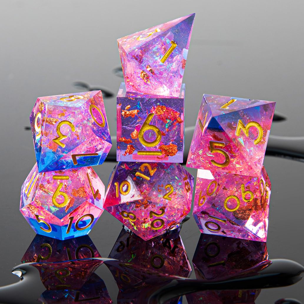 Set di dadi per DND Sharp Edge, fatti a mano, 7 accessori per giochi TTRPG, giochi di ruolo multifacciali, resina poliedrica con bordi affilati, giochi di ruolo Shadowrun Pathfinder MTG