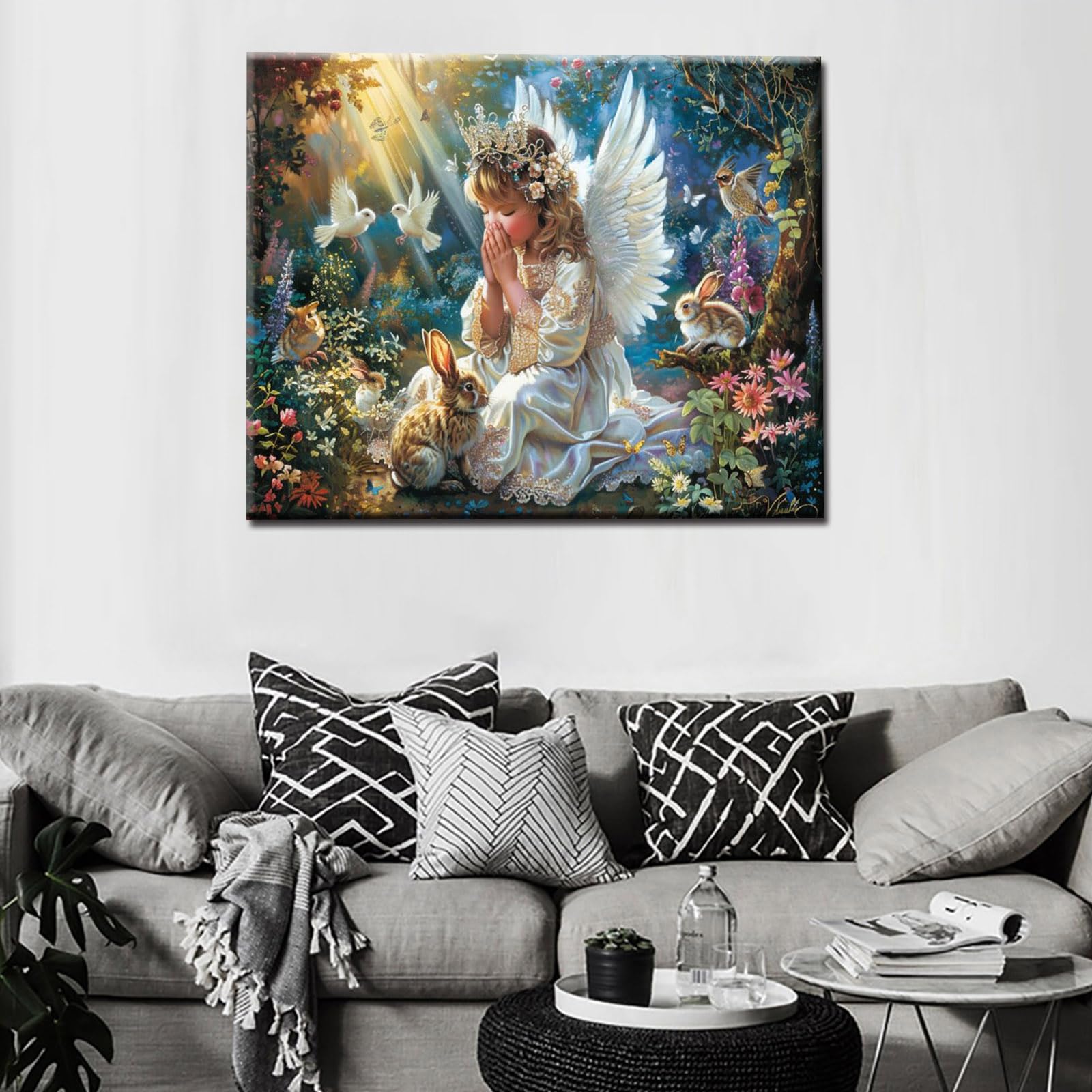 Kit de peinture à l'huile par numéros pour adultes - Motif ange priant dans la forêt - Peinture acrylique sur toile avec fleurs d'animaux mignons - 40,6 x 50,8 cm (cadre à faire soi-même)