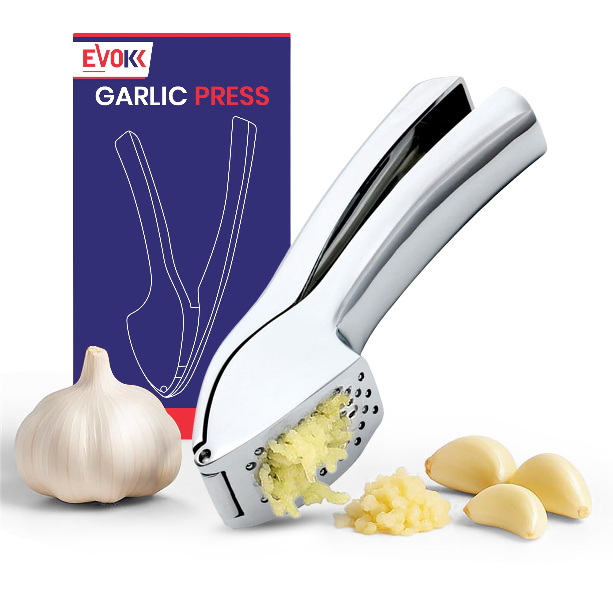 EVOKK Stainless Steel Garlic Press – No Peeling Premium Garlic Presser, Easy Clean Detachable Design, Dishwasher Safe Garlic Crusher for Fine Minced Garlic (Oval)