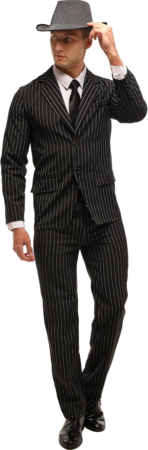 Leadtex 1920's Gangster Costume for Men,Mob Boss Costume for Men,Pinstriped Halloween Suit Include Jacket,Pants and A Tie - Image 2