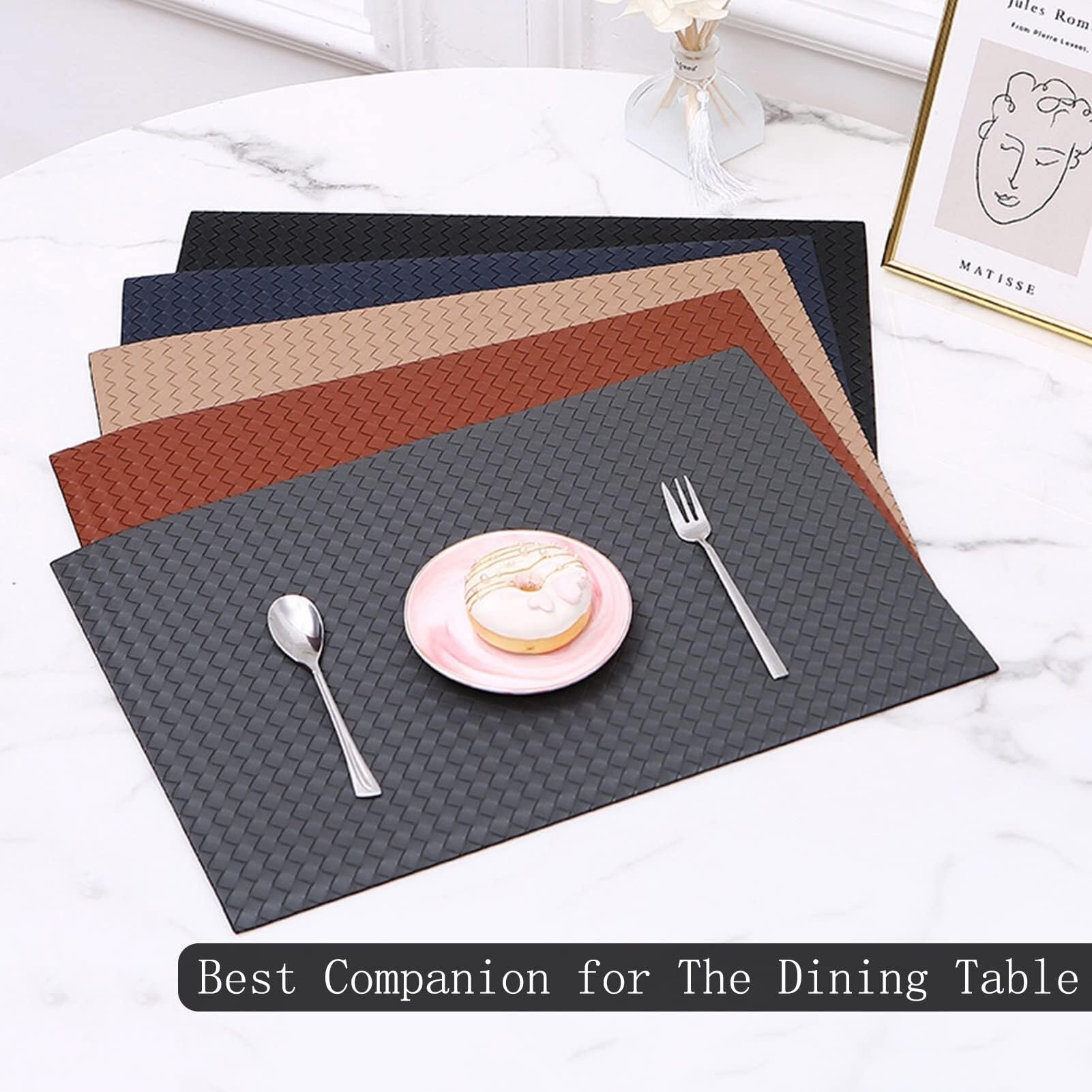 Lot de 4 sets de table rectangulaires tissés double face en cuir synthétique, résistants à la chaleur, lavables et antidérapants pour salle à manger, cuisine, décoration de fête de mariage (bleu