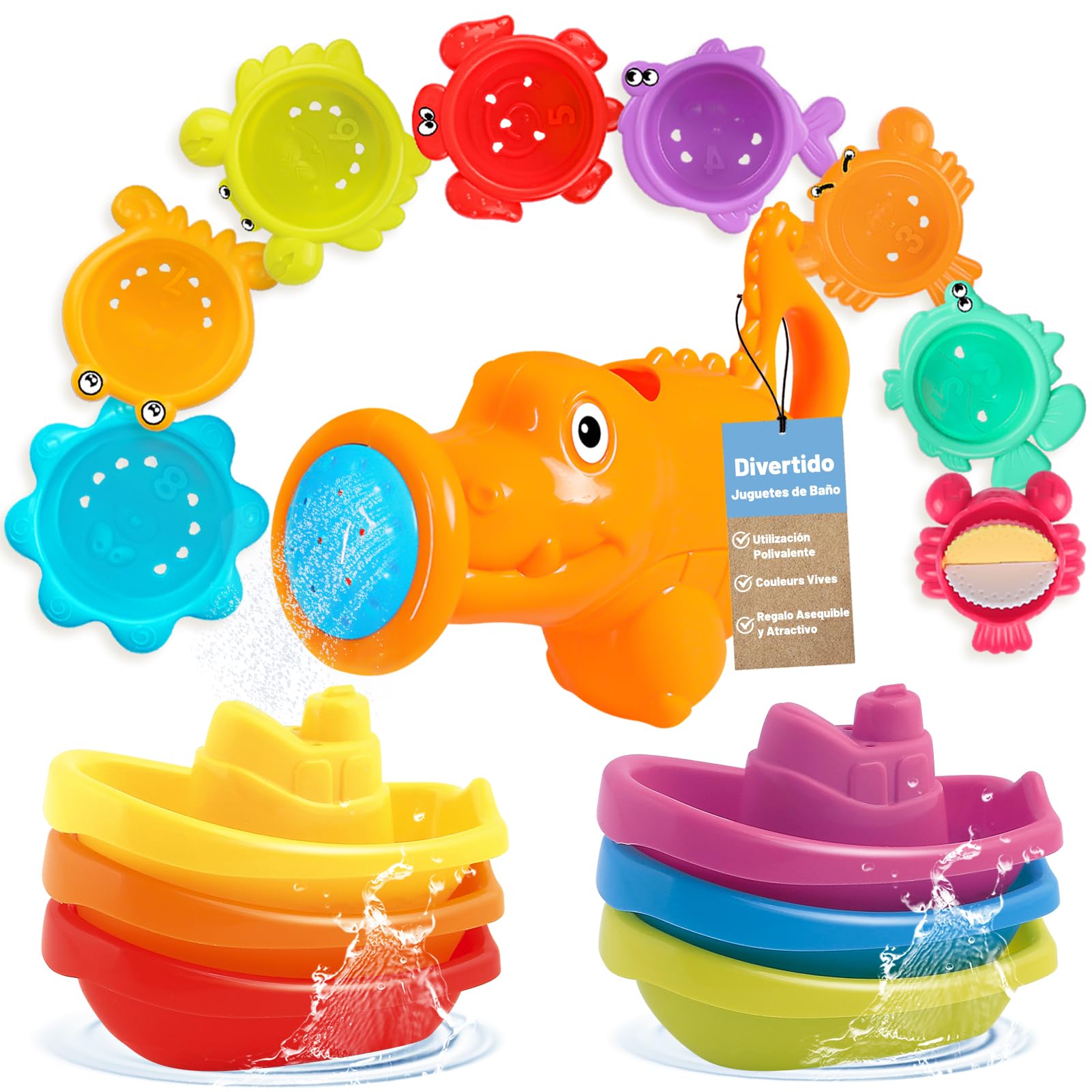 Juguetes Bañera para Bebe, 15 Piezas Juguetes Baño para Niño 1 Año, Juguete Apilable Juego de Ducha Juegos de Agua Juguetes Piscina Juguetes Playa, Regalos Educativos para Niños y Niñas 2 3 4 Años