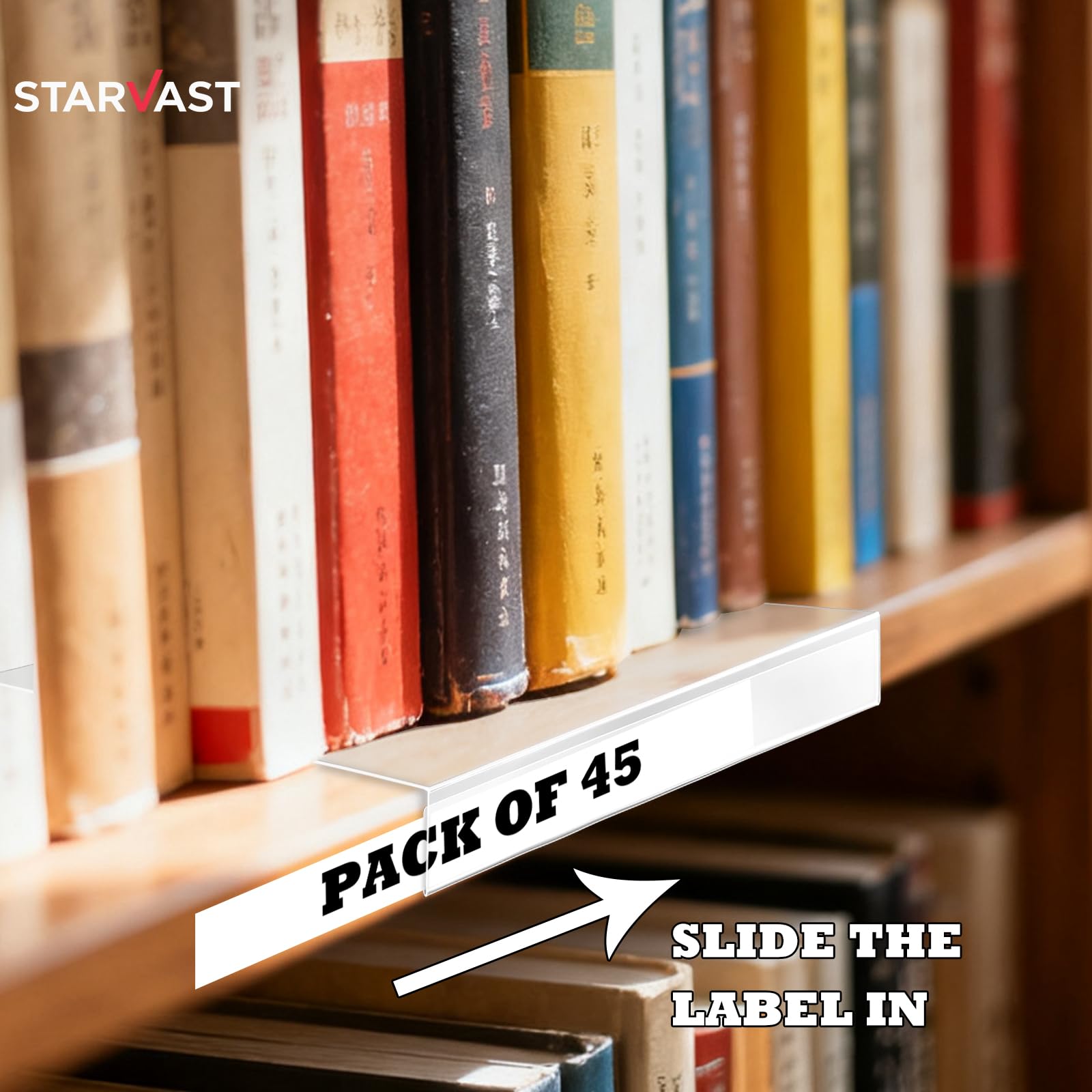 STARVAST 45 Stück Regal Etikettenhalter, Bücherregal Zubehör für Regalbeschriftung, Transparente Etikettenhalter zum Klemmen für Bibliothek, Büro & Lager (20 x 13 cm)