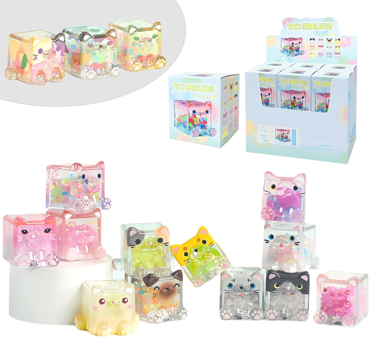 Square Cat Series Blind Box-12 Glow in The Dark Mystery Cube Cat Figures, Cute Collectible Vinyl Toys, Kawaii Desk Decor for Cat Lovers, Birthday
