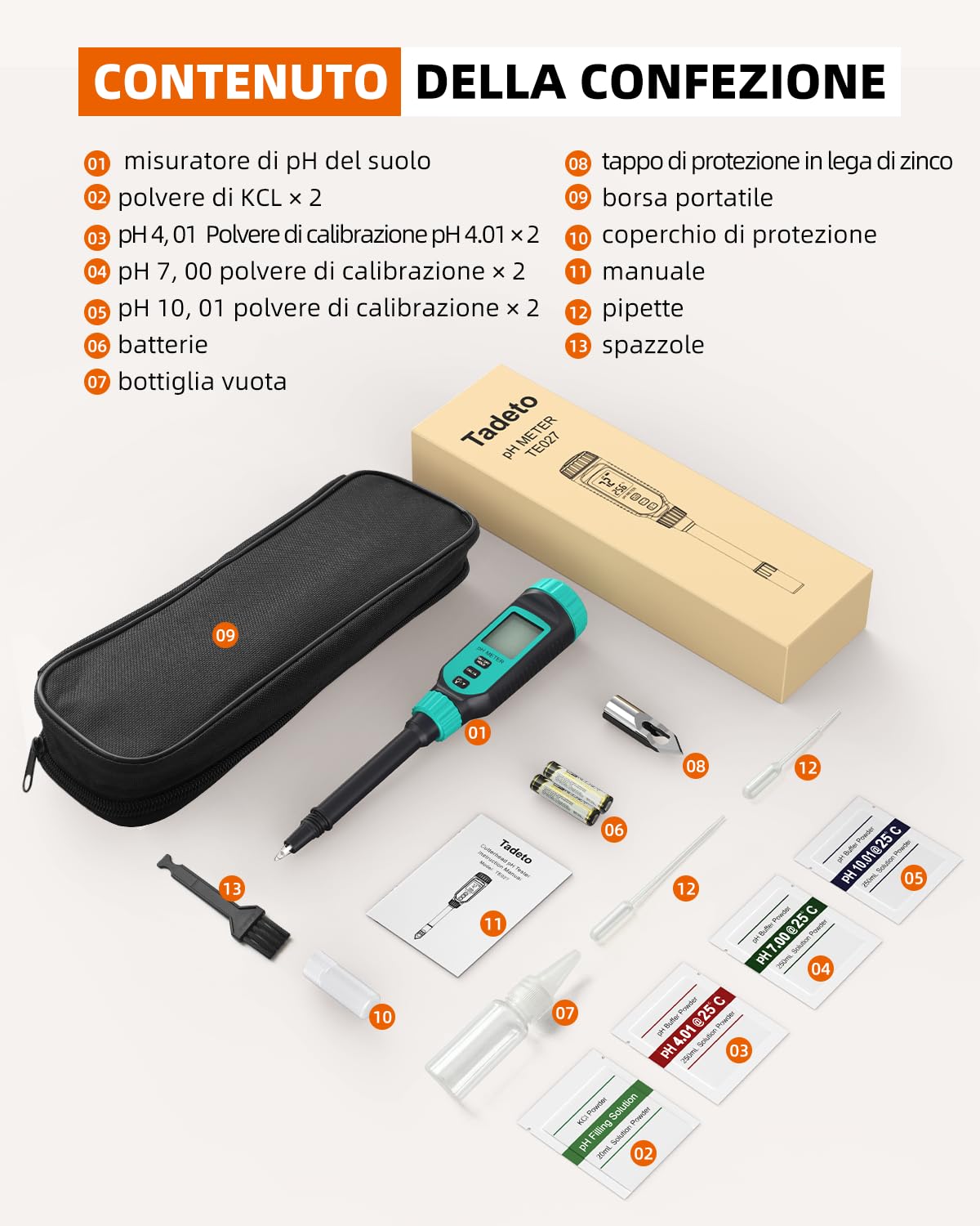 Tadeto phmetro, Kit misuratore ph digitale per suolo, giardino, acqua, soluzione e alimenti con custodia protettiva in lega e display LCD, ideale per test pH per prato, cibo e giardino