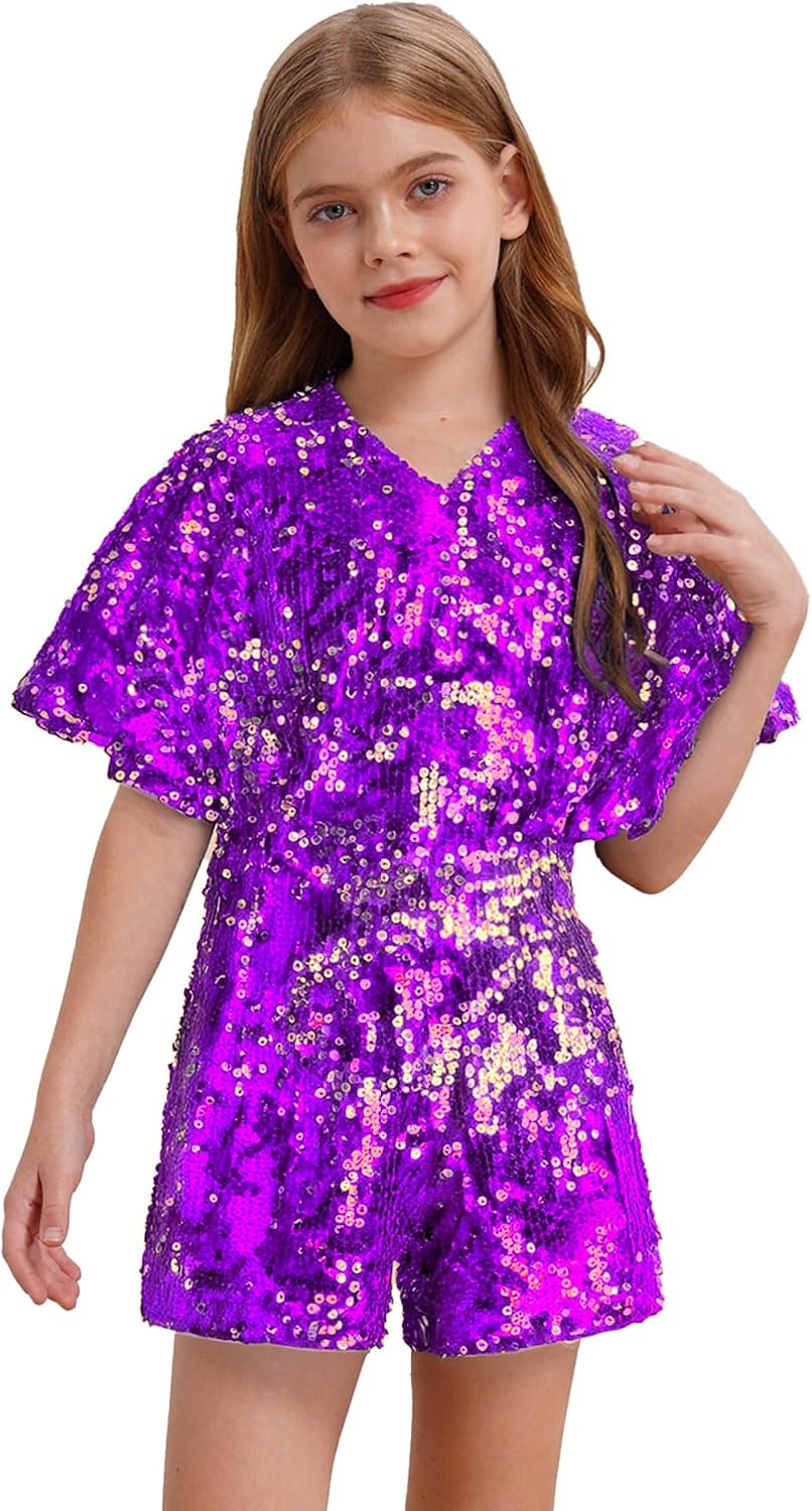 Girls V Neck Sparkle Rompers Cap Sleeve Sequins Dance Outfits Kids Dressy Casual Short Jumpsuit
